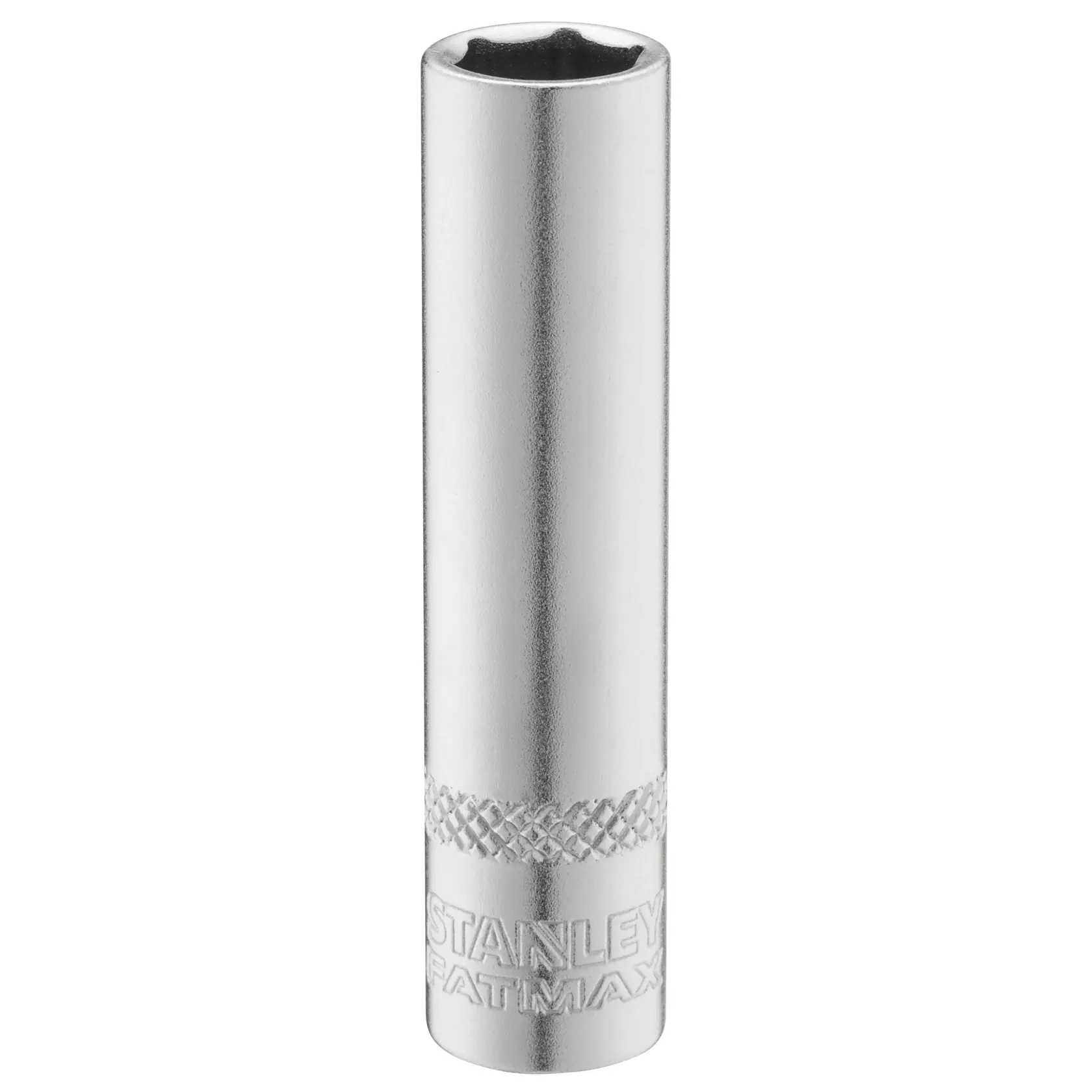 STANLEY FMMT17338-0 long chrome socket, knurled grip, engraved logo, shown upright on white background.