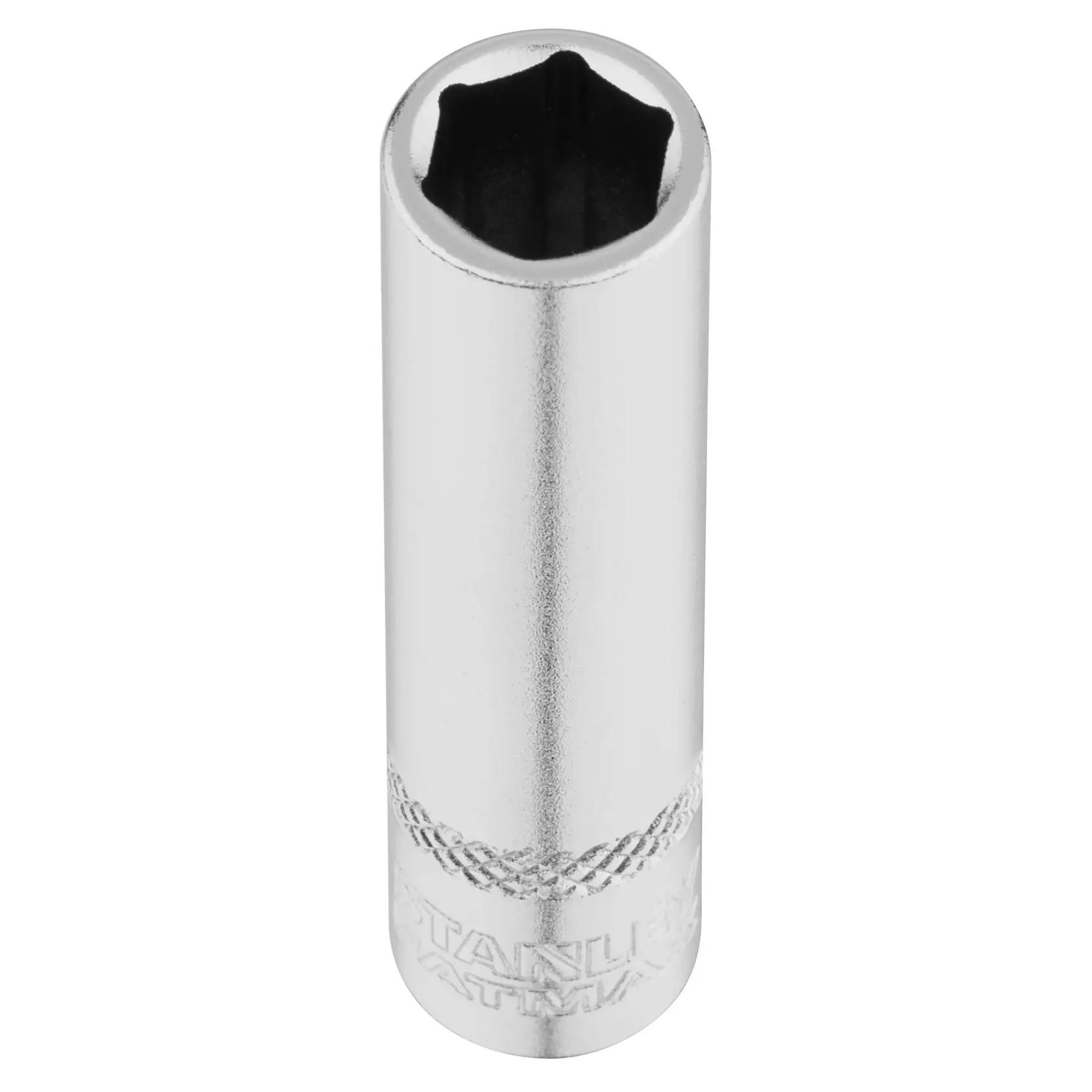 STANLEY FMMT17338-0 chrome deep socket, straight-on angle, silver finish, tool accessory.