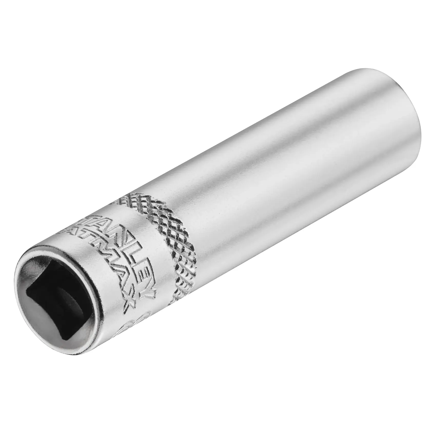 STANLEY FMMT17338-0 chrome socket tool, cylindrical, knurled grip, angled side view, white background.