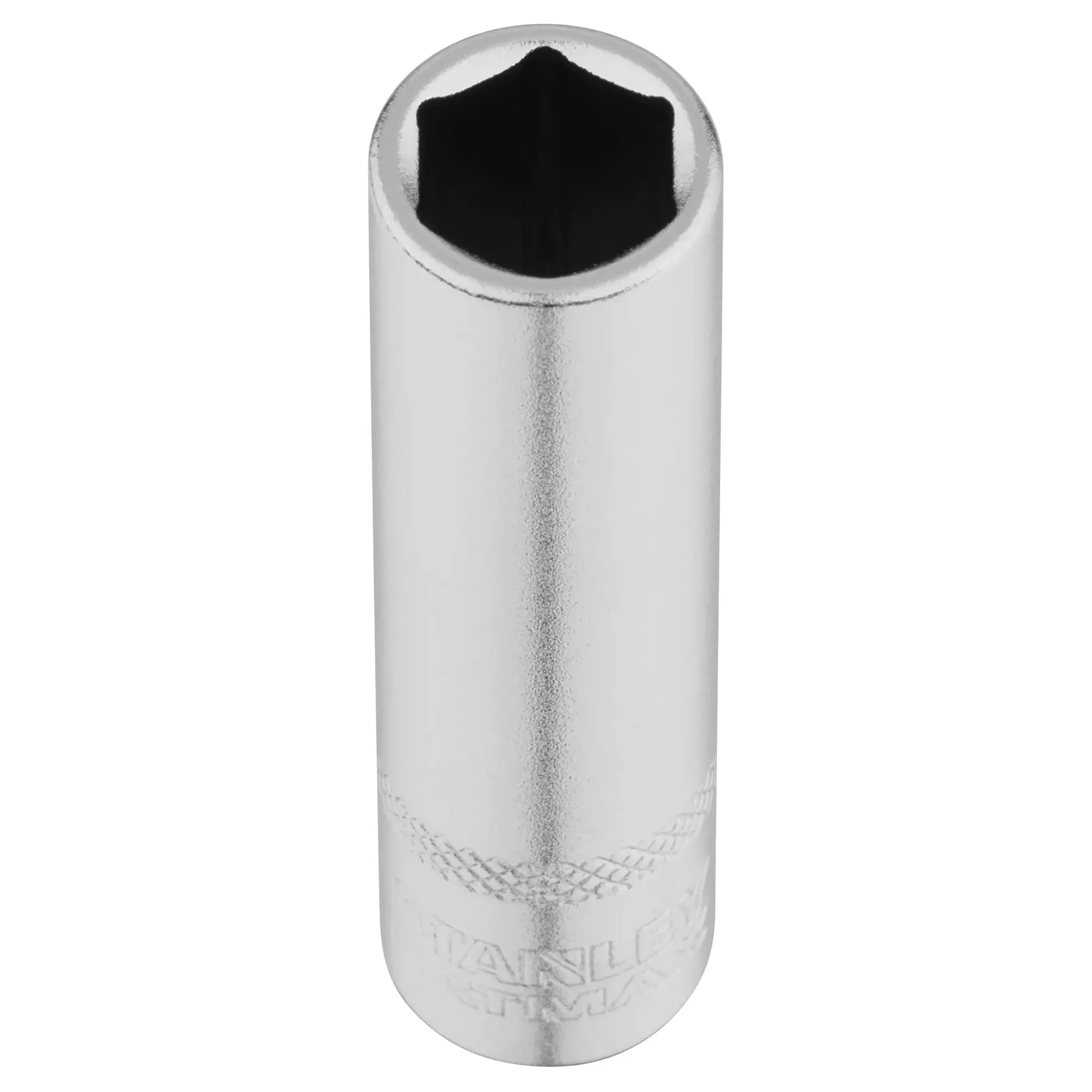 STANLEY FMMT17339-0 chrome deep socket, hexagonal, upright angle, white background.