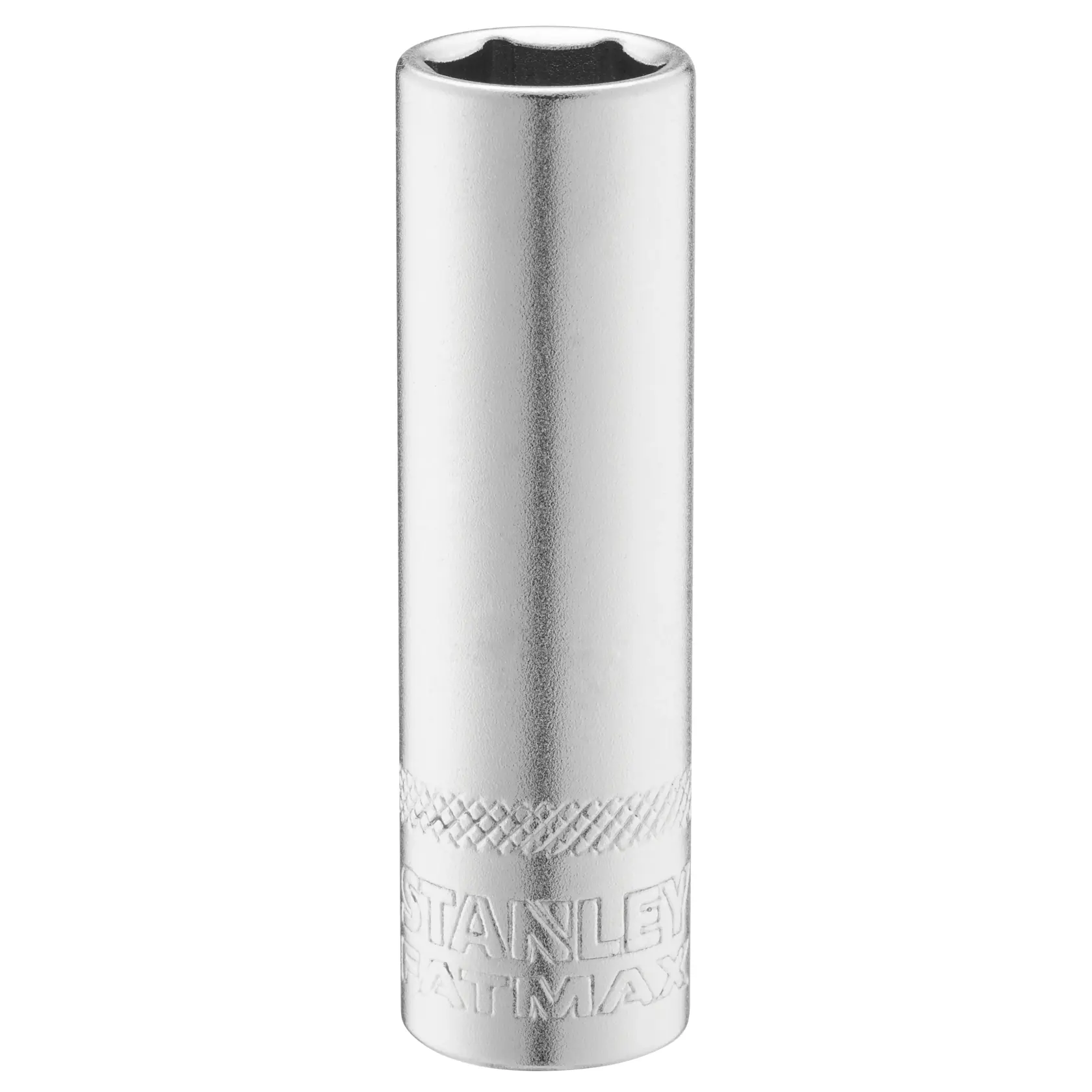 STANLEY FMMT17523-0 chrome deep socket, cylindrical tool with engraved brand, product photography on white background.
