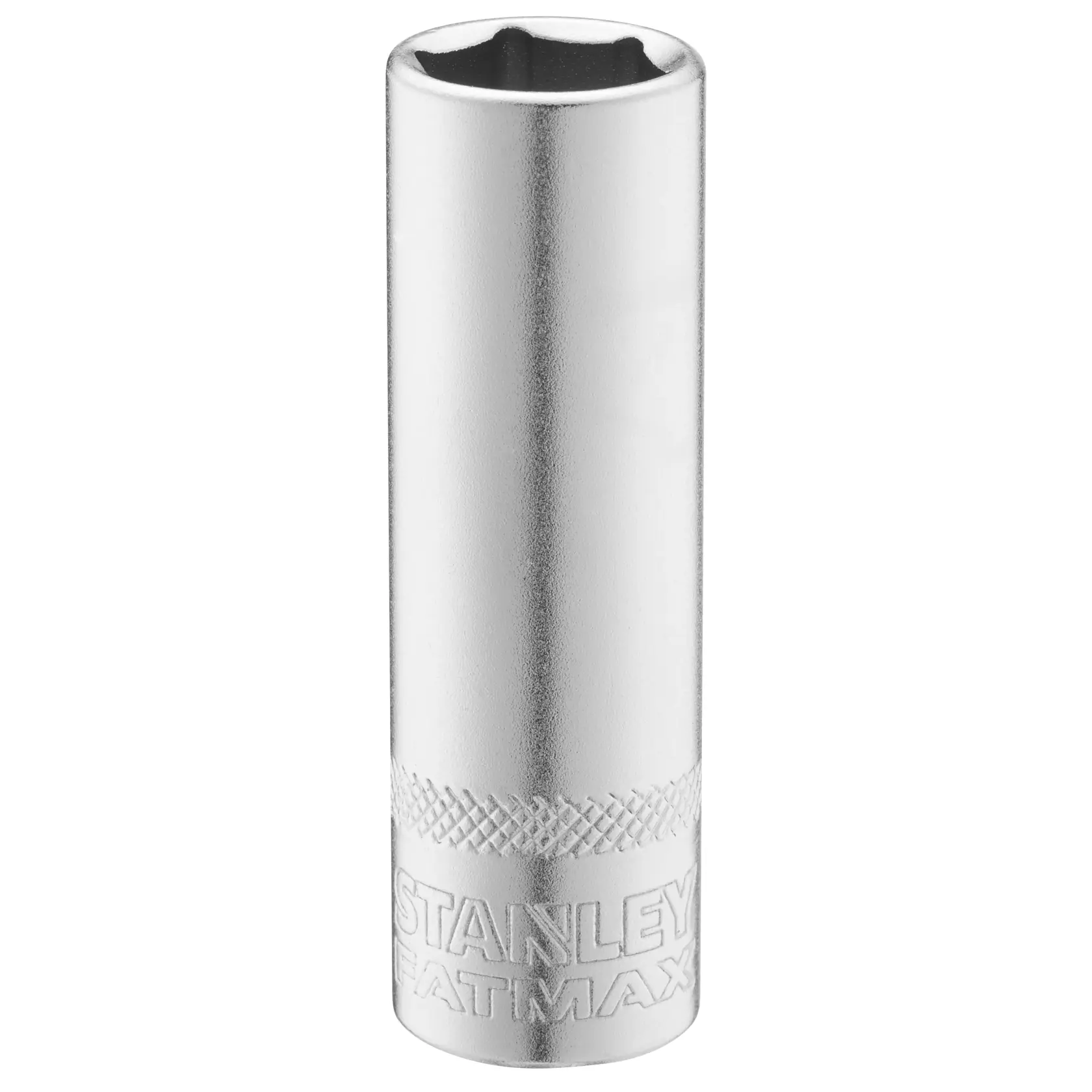 STANLEY FMMT17963-0 chrome deep socket, photographed upright on white background.