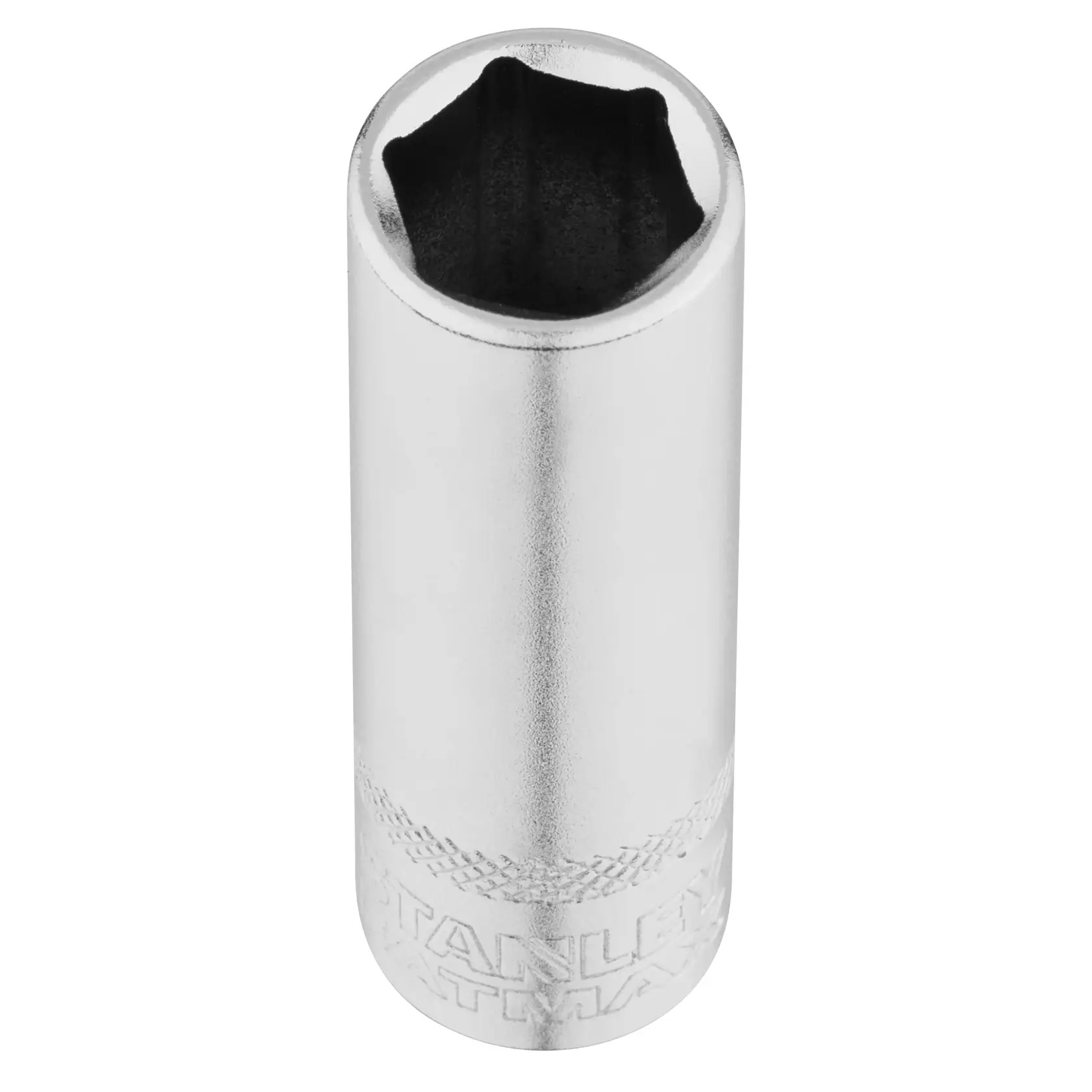STANLEY FMMT17963-0 chrome finish socket, cylindrical shape, top angle, photography product.