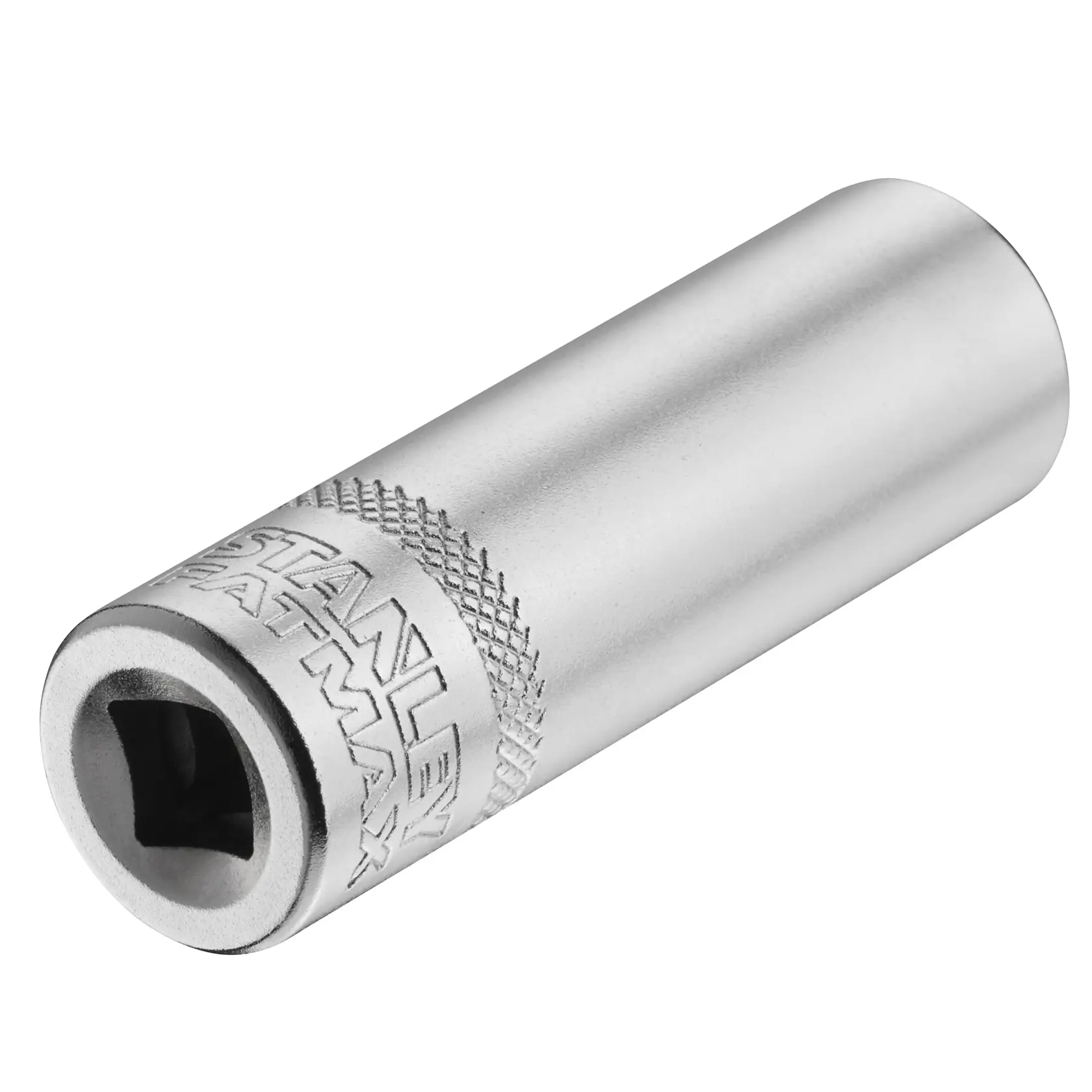 STANLEY FMMT17963-0 chrome deep socket, cylindrical design, brand engraving, angled view on white background.