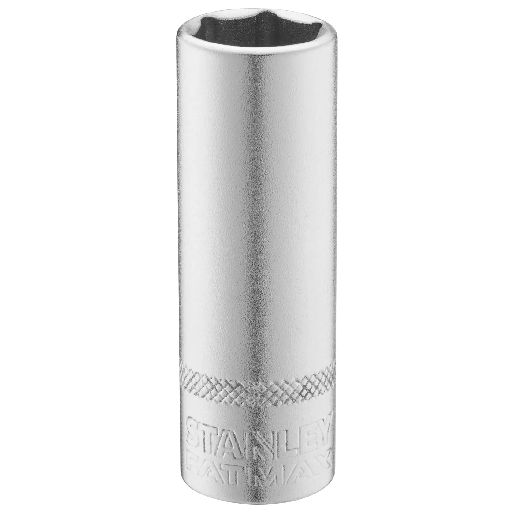 STANLEY FMMT17964-0 chrome deep socket, photography, front angle on white background.
