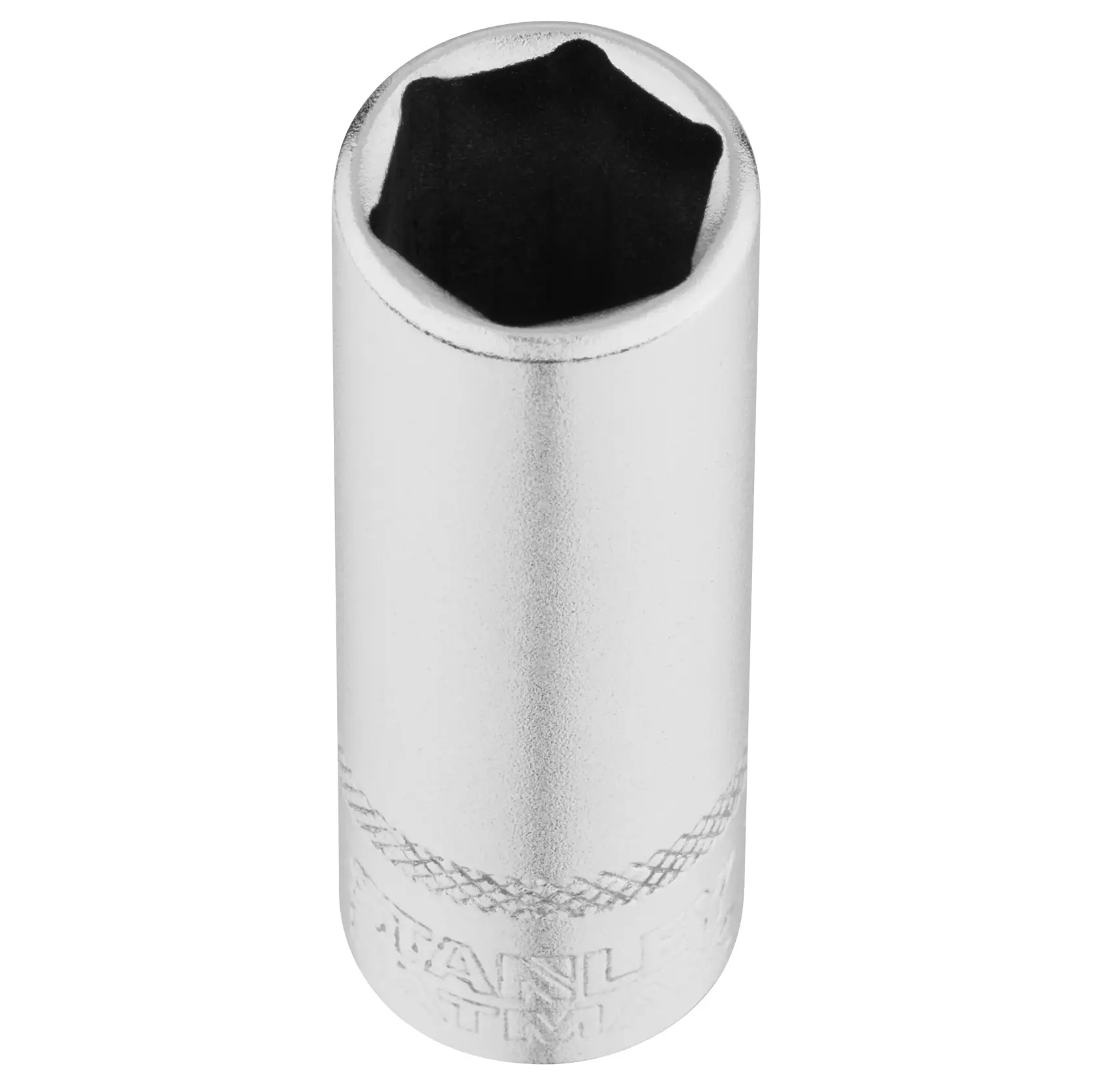 Photo of STANLEY FMMT17964-0 chrome socket tool, cylindrical with knurled grip, top view on white background.