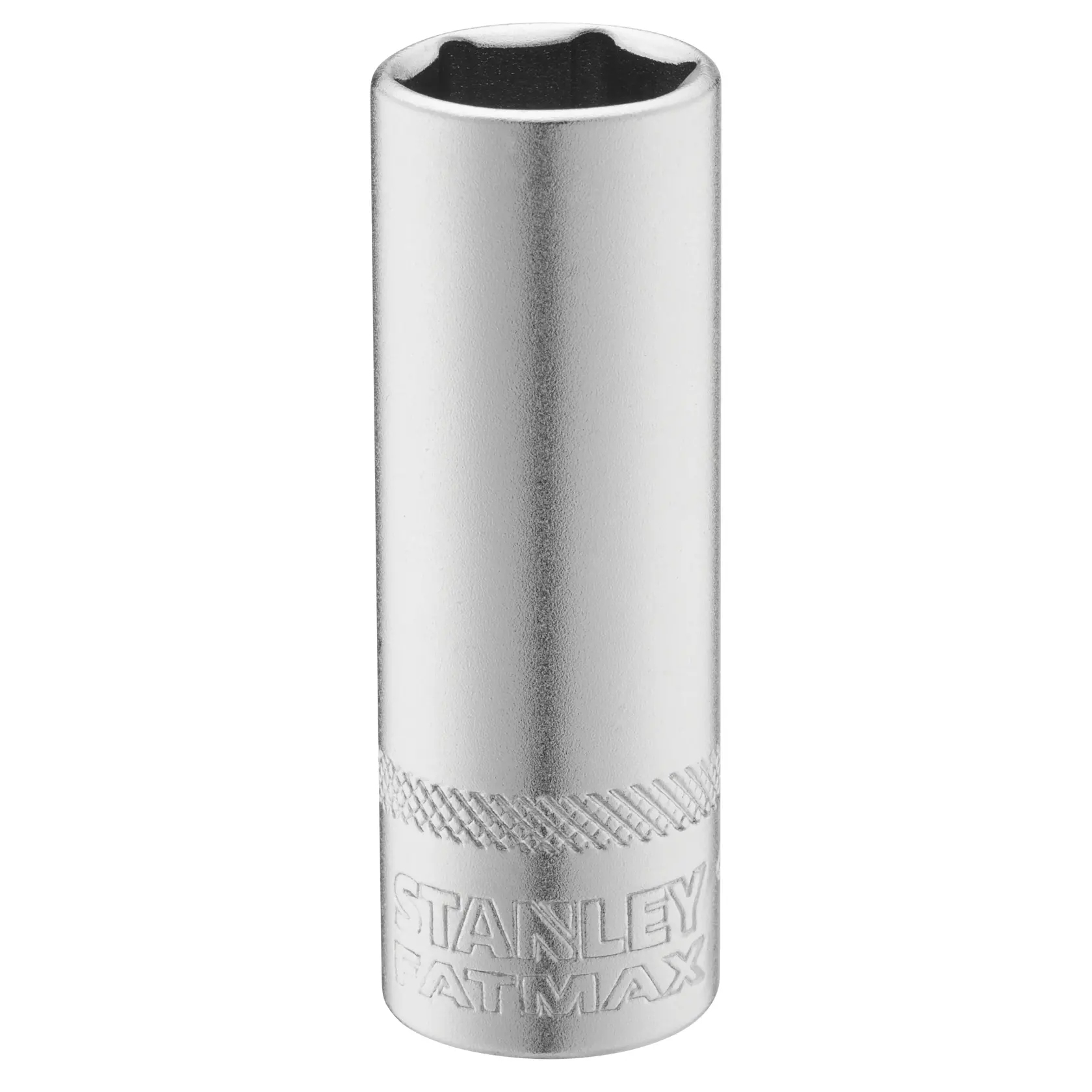 Photo of STANLEY FMMT17965-0 long silver socket tool, FATMAX branding, front angle, clean background.