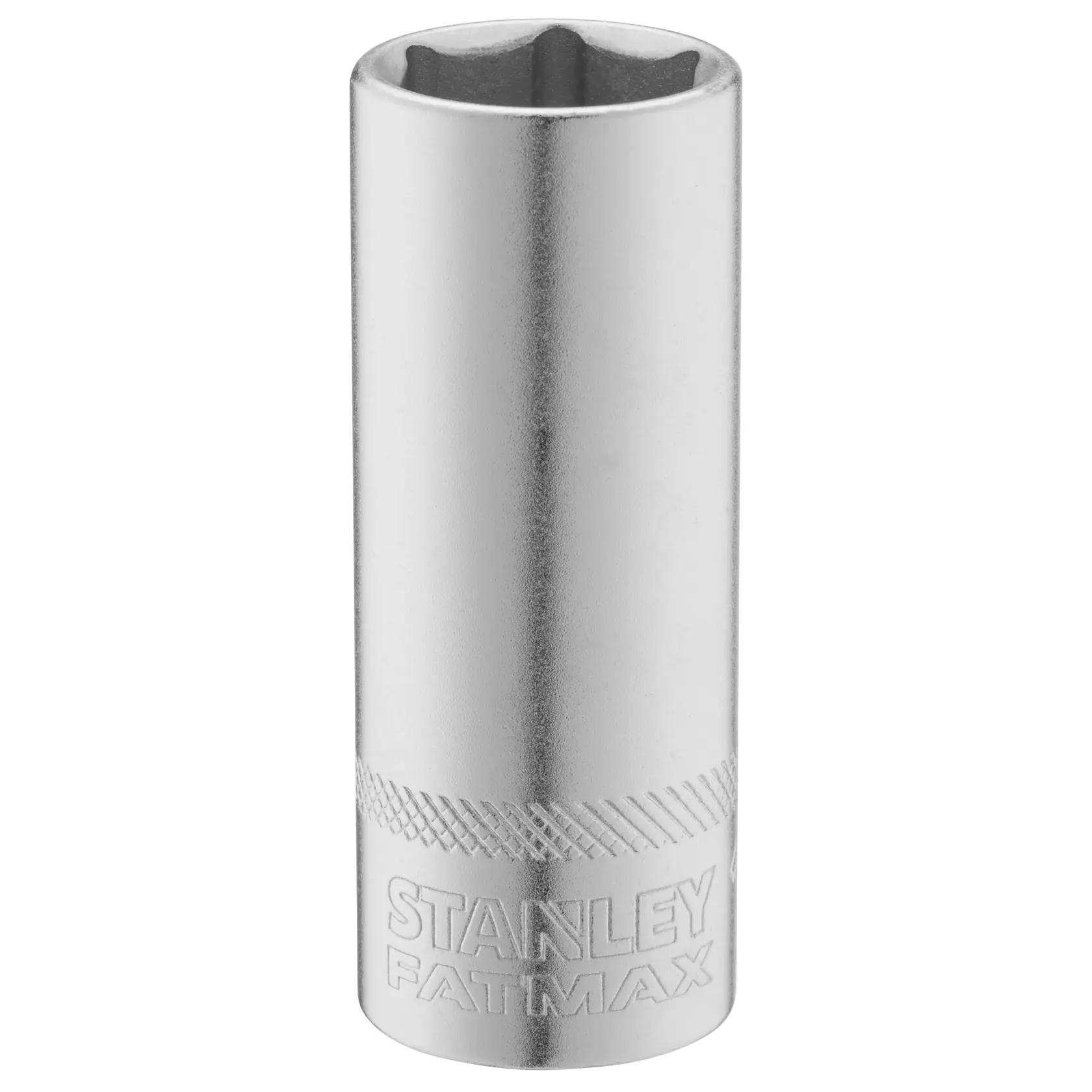 Photo of STANLEY FMMT17966-0 chrome socket, cylindrical with knurled grip, front view, tool accessory.