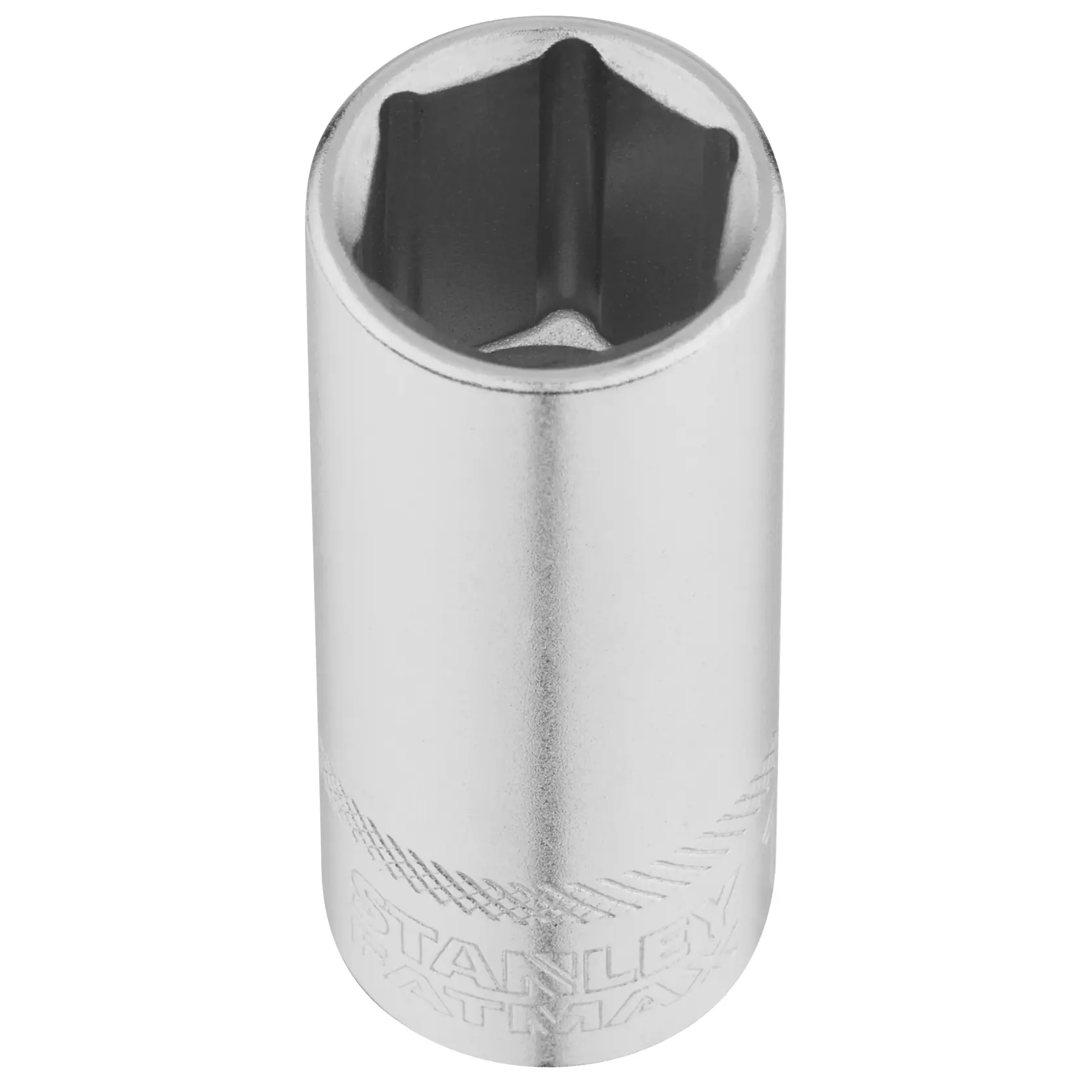 STANLEY FMMT17966-0 chrome socket, front angle, engraved with STANLEY, tool accessory photography.