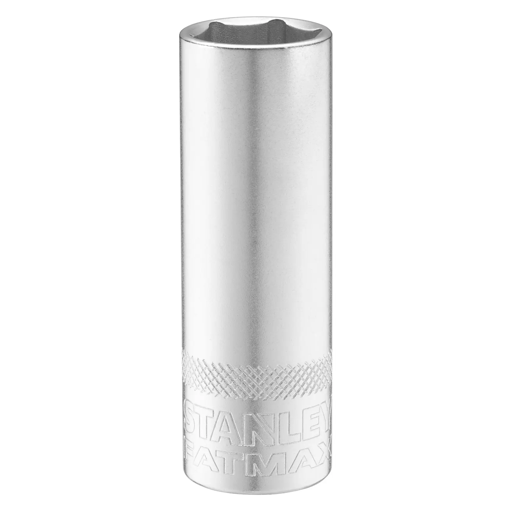 STANLEY FMMT17967-0 chrome deep socket, hex design, tool photography, straight-on white background.