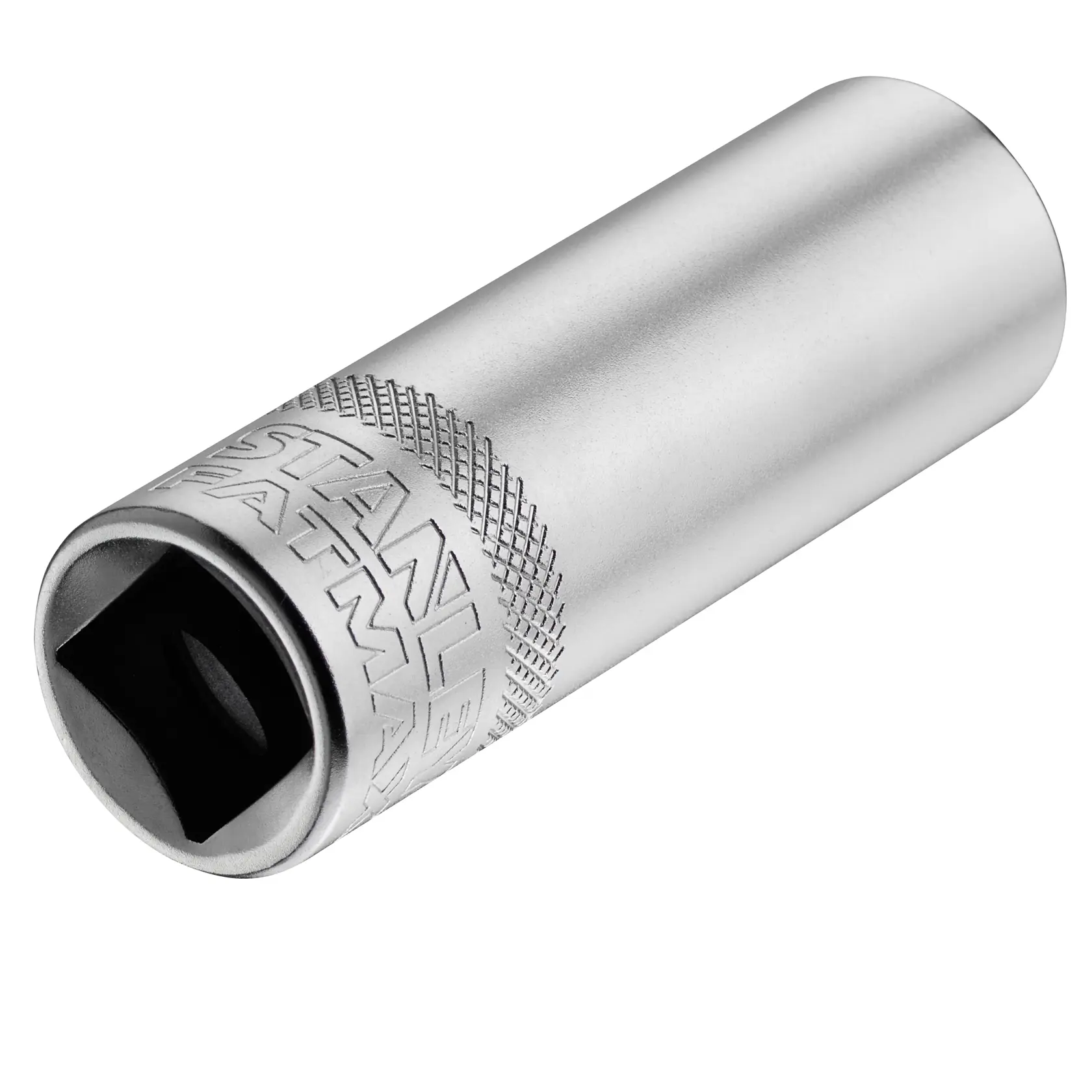 STANLEY FMMT17967-0 chrome deep socket, engraved logo, side angle on white background.