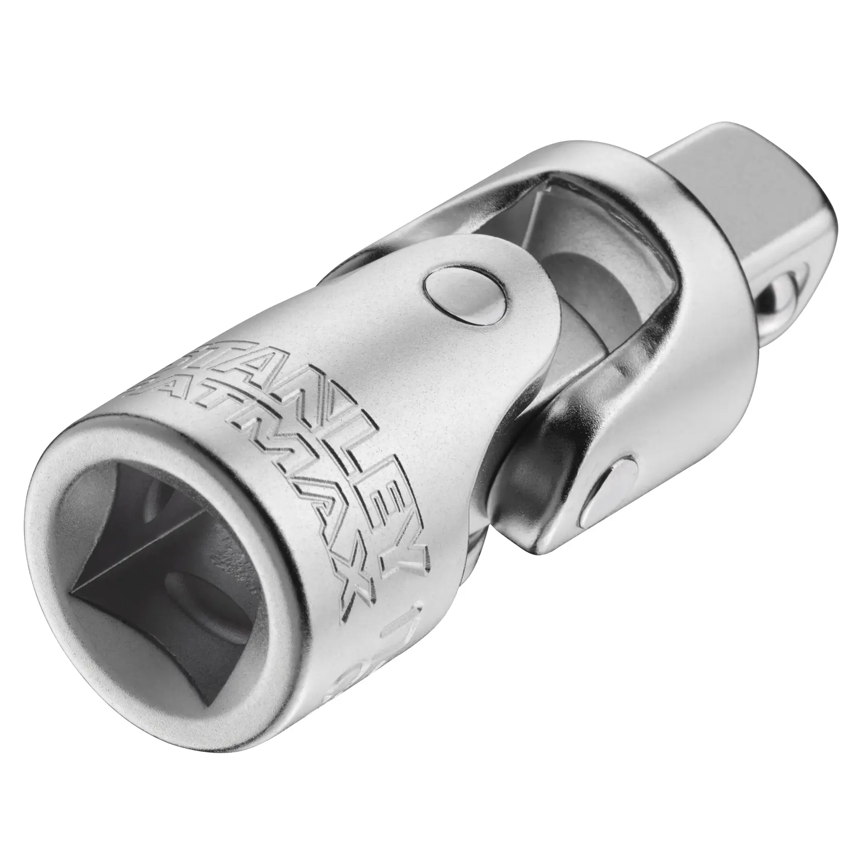 STANLEY FMMT17999-0 chrome universal joint socket, close-up angle on white background.