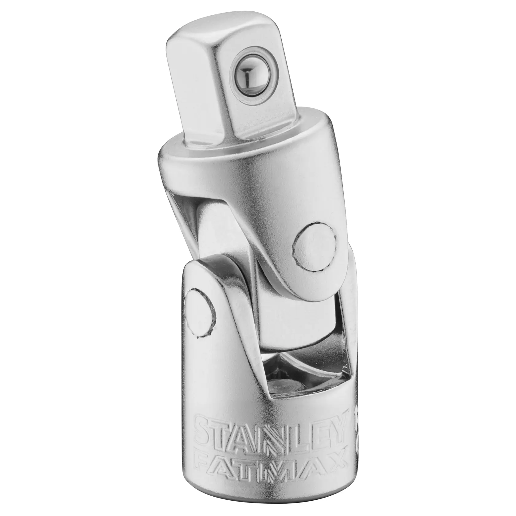 STANLEY FMMT18011-0 chrome universal joint socket adapter, upright angle, photography on white background.