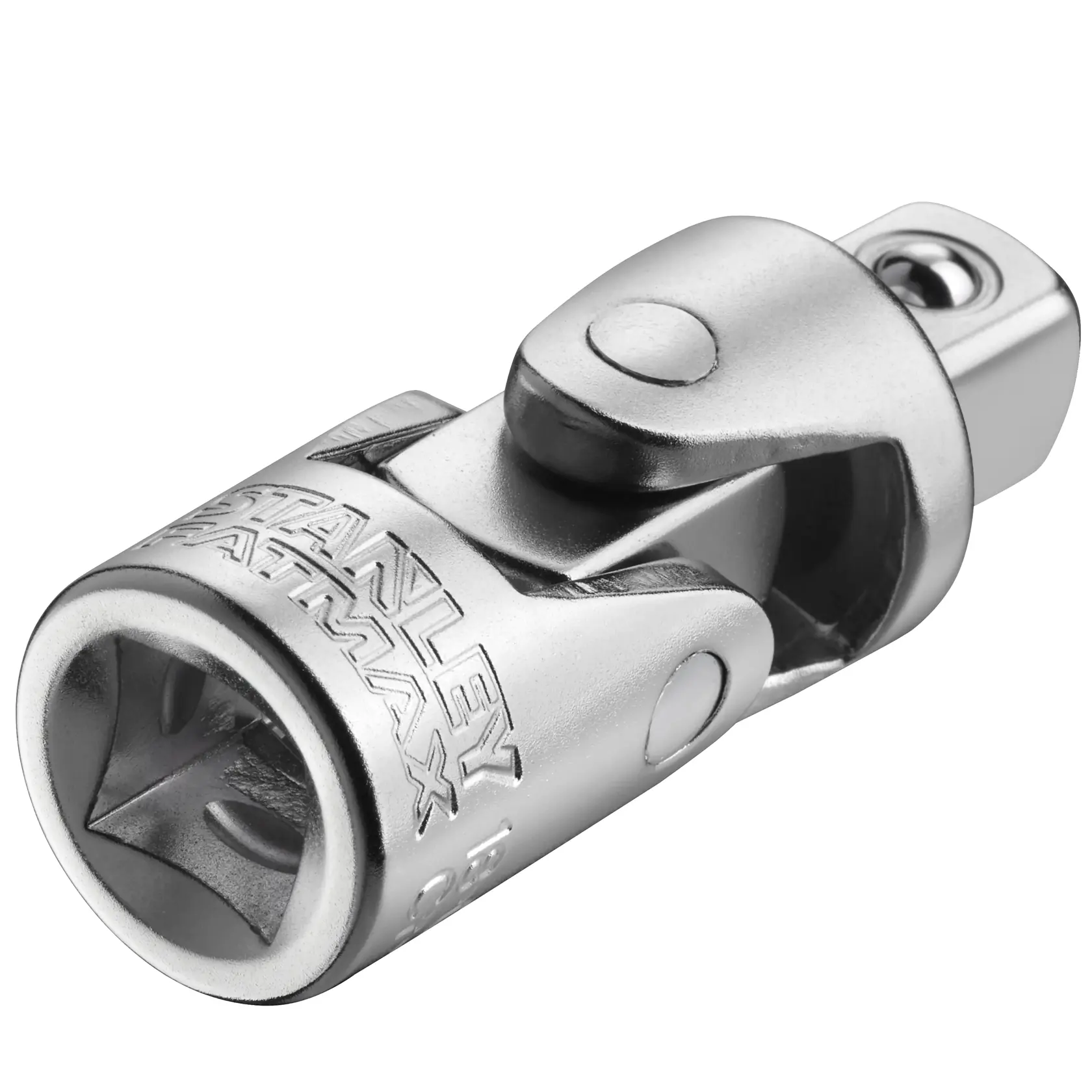 Photo of STANLEY FMMT18011-0 chrome universal joint socket adapter, angled view on white background.
