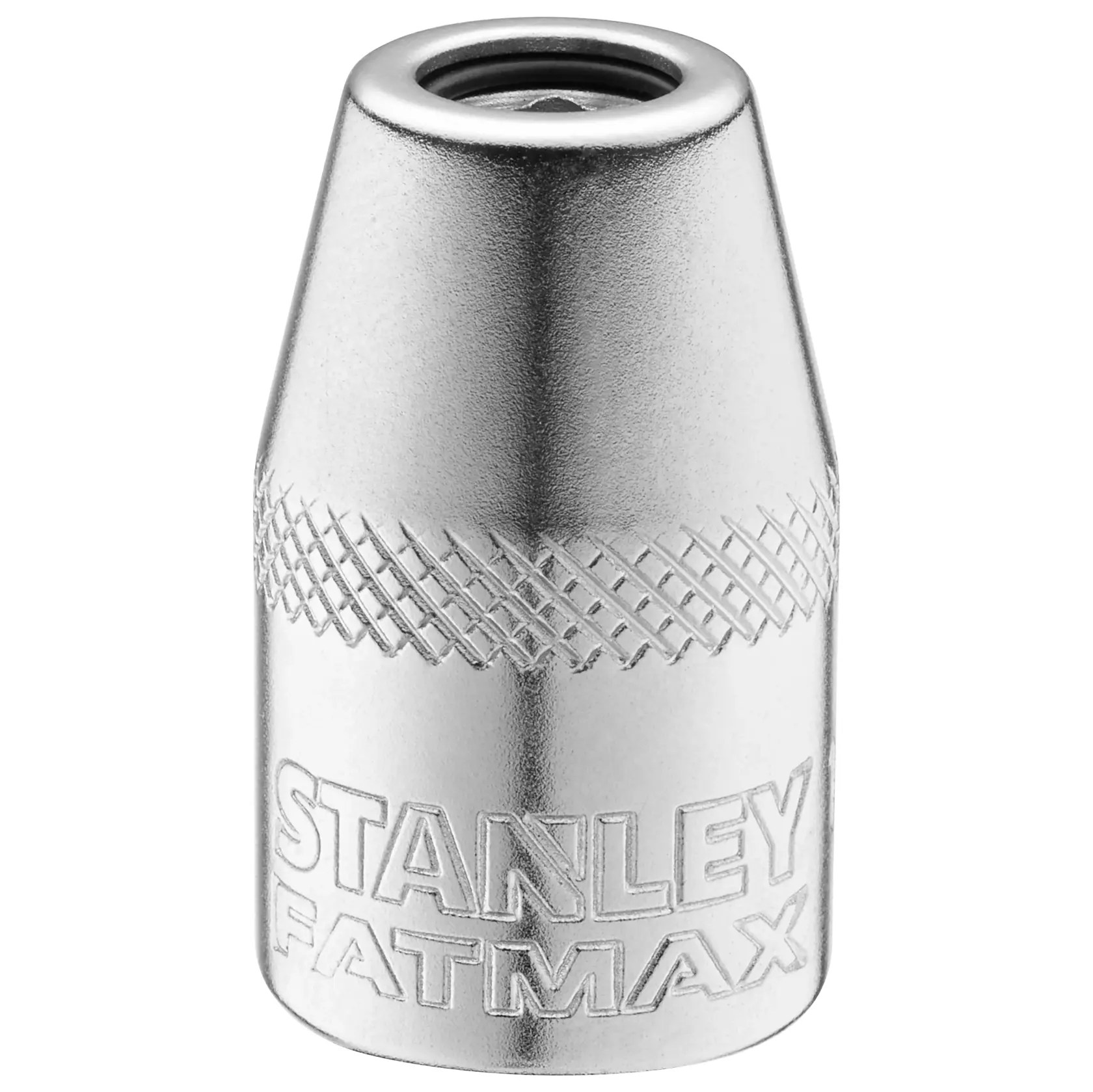 Photo of STANLEY FMMT18013-0 socket accessory, silver finish, knurled grip, front angle on white background.