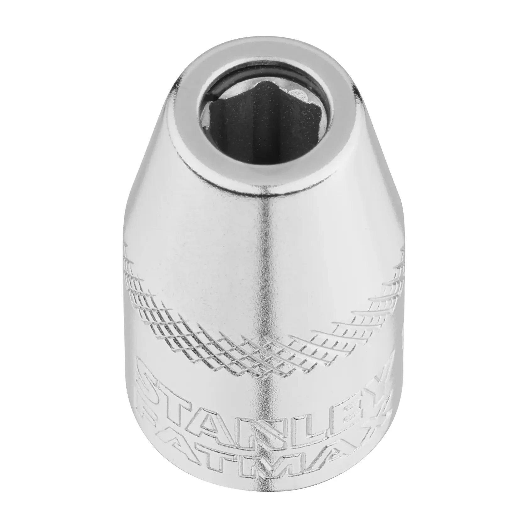 STANLEY FMMT18013-0 chrome socket, knurled grip, top view, product photography on white background.