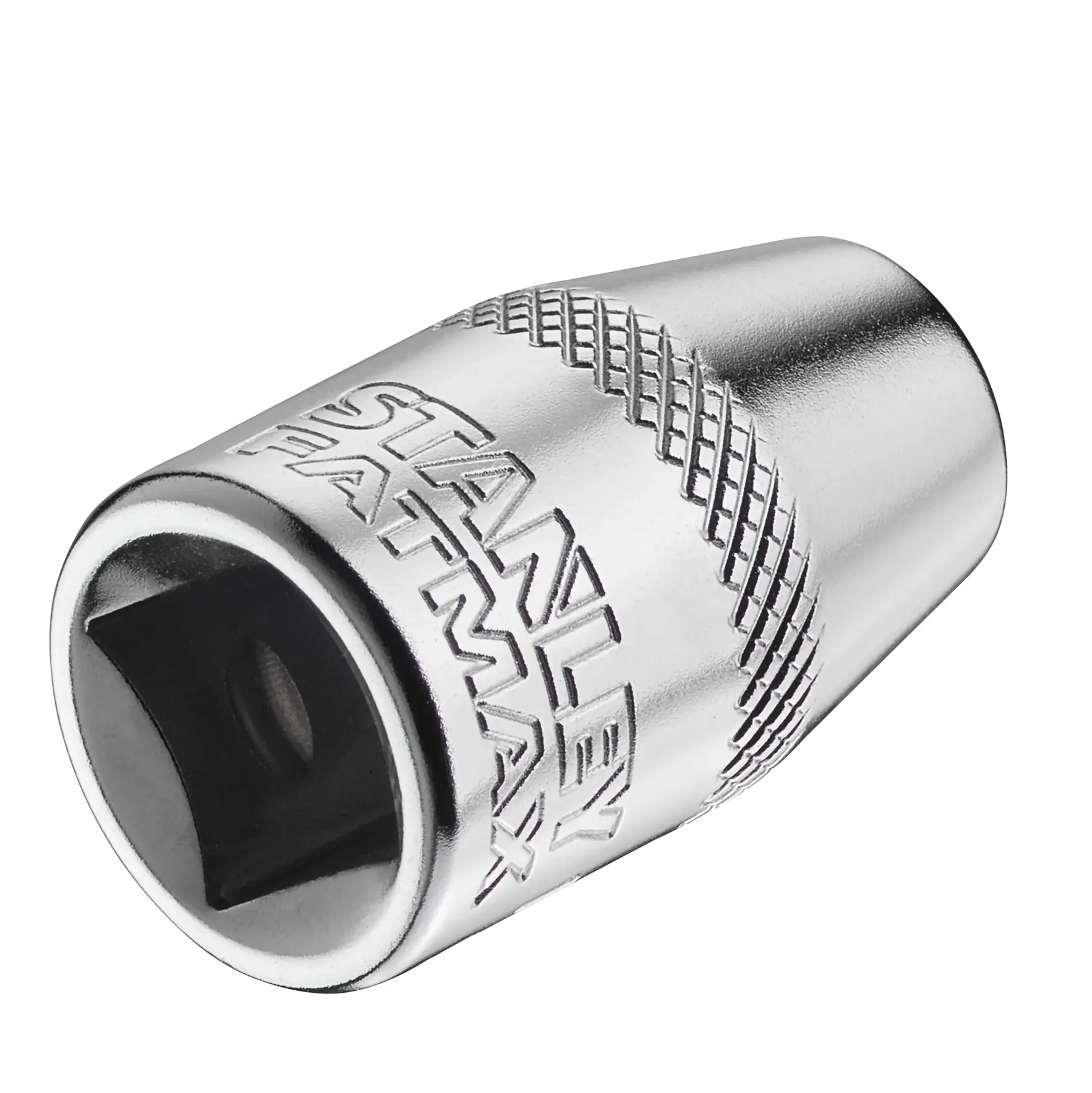 STANLEY FMMT18013-0 chrome socket, tool accessory, angled close-up on white background.