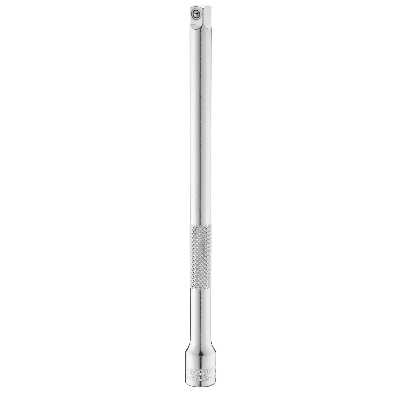 STANLEY FMMT25126-0 chrome extension bar tool, cylindrical with knurled grip, product photography on white background.