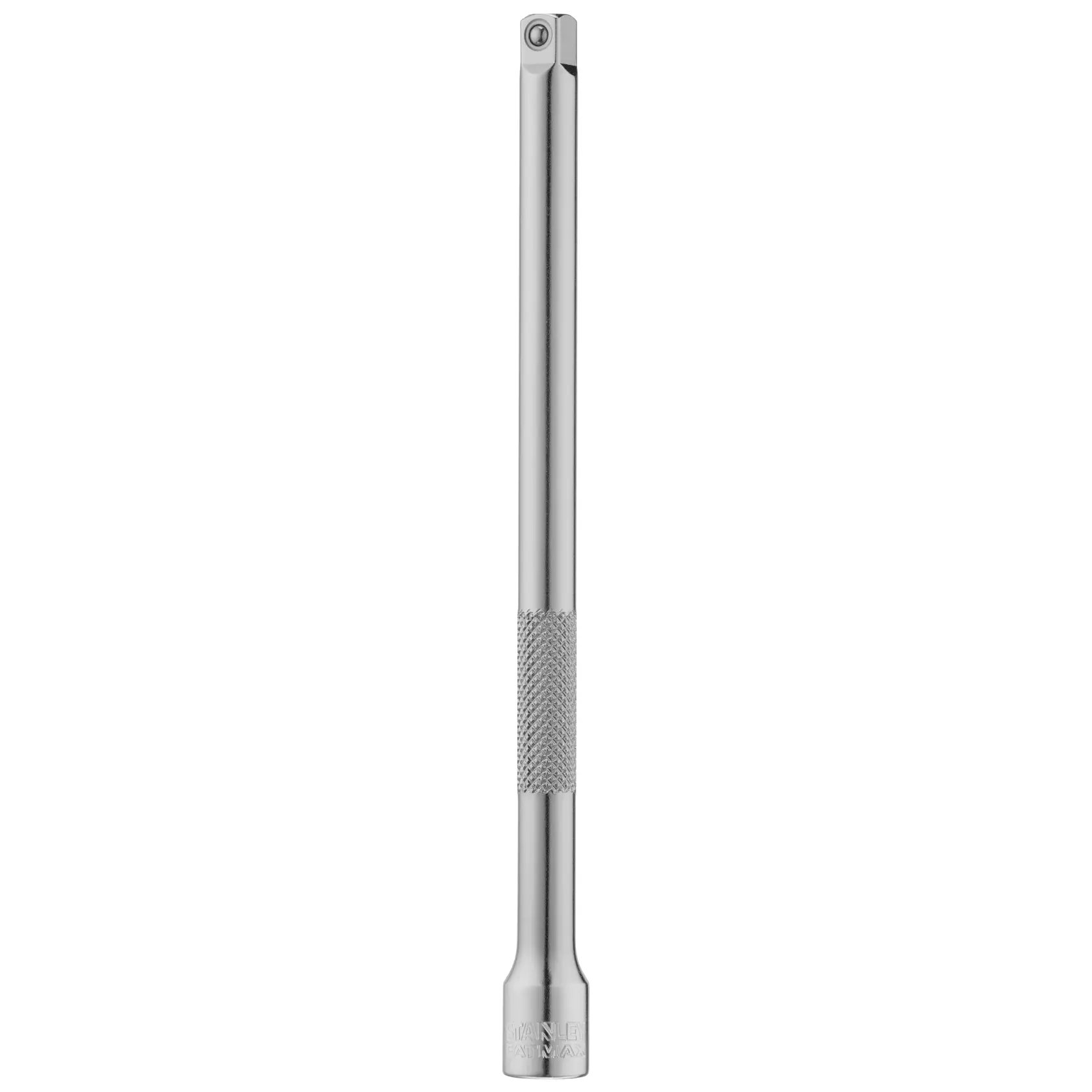 STANLEY FMMT25126-0 chrome socket extension bar, knurled grip, straight angle, on white background.