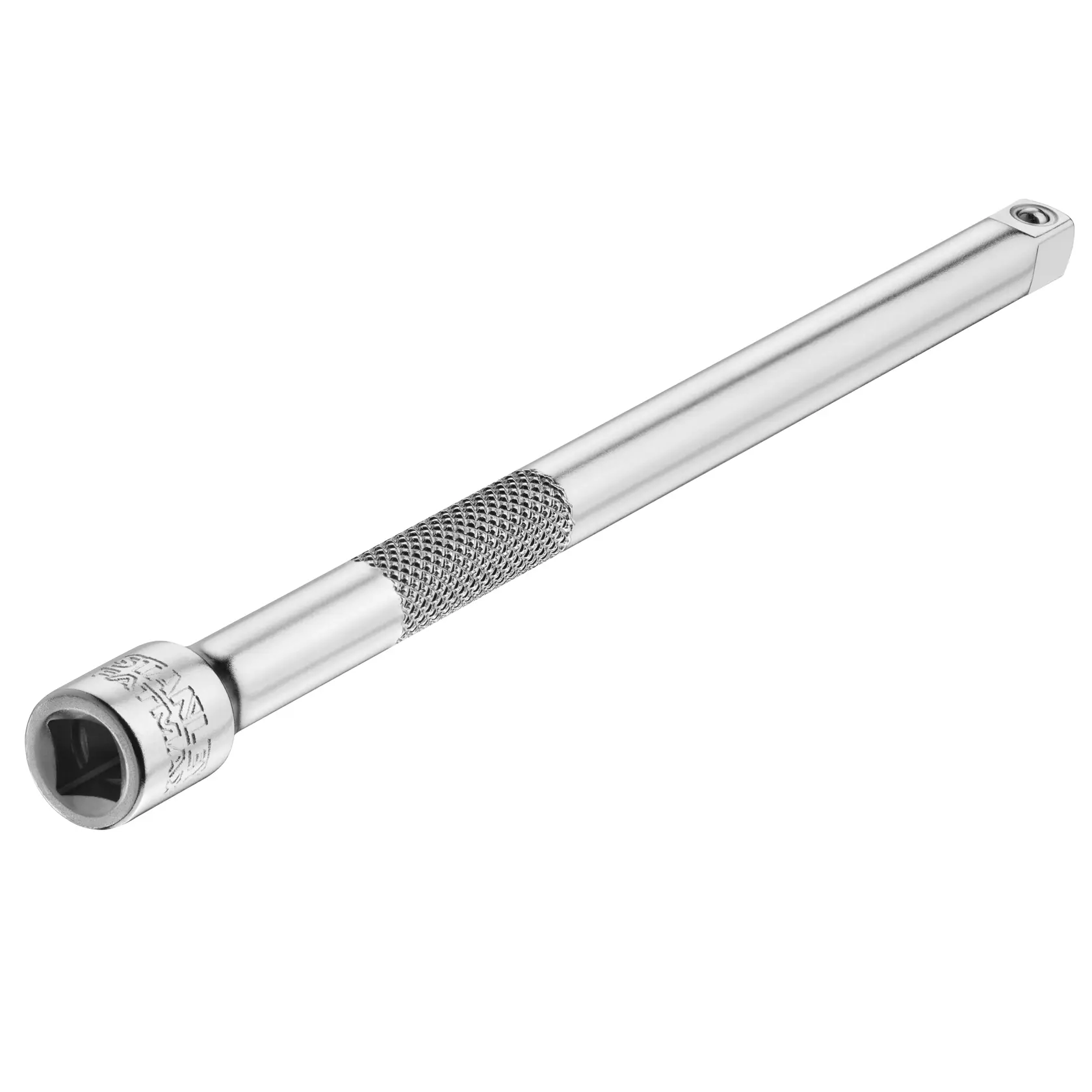 STANLEY FMMT25126-0 chrome-plated breaker bar with knurled grip, side angle, white background.