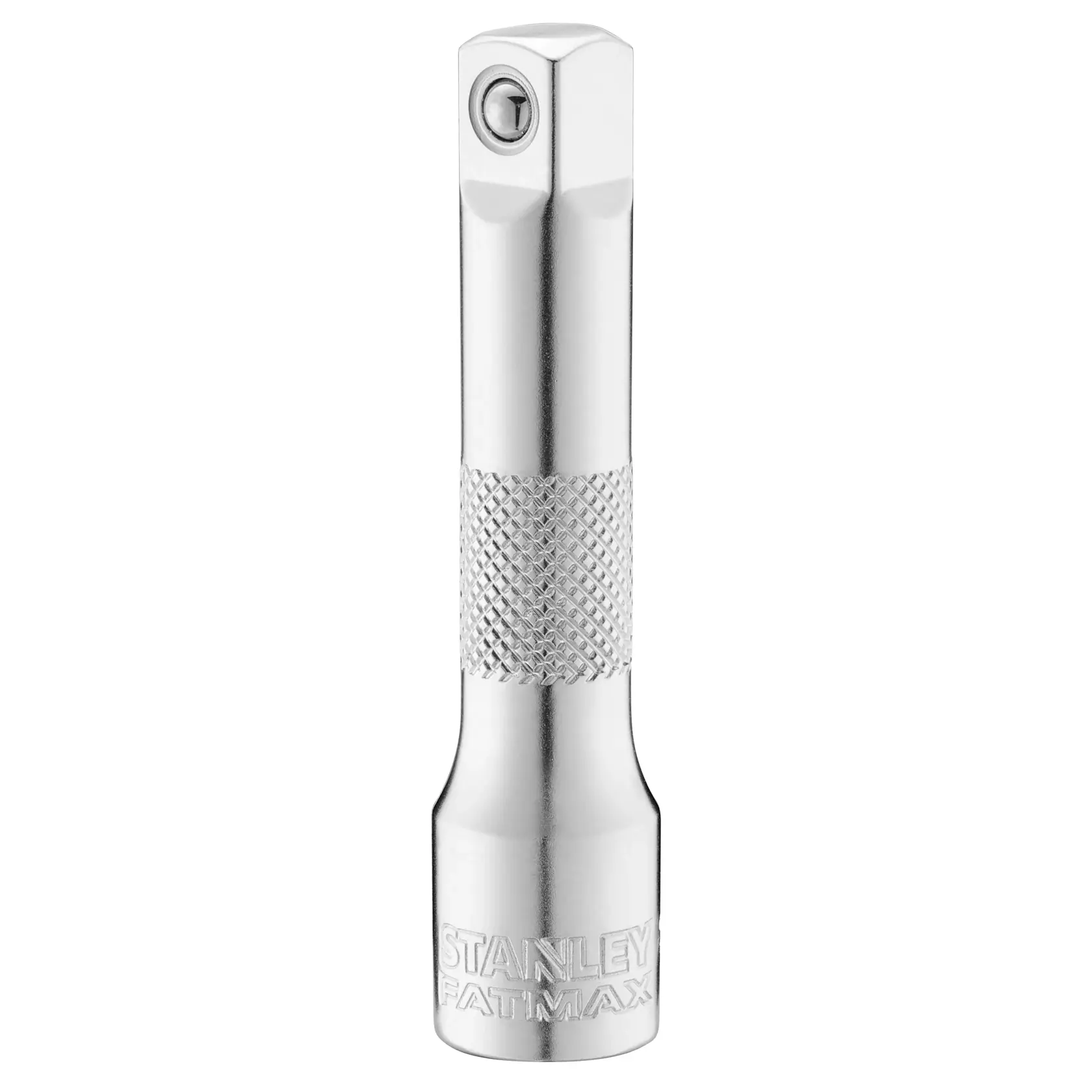 STANLEY FMMT25130-0 chrome extension bar with knurled grip, socket accessory, front angle on white background.