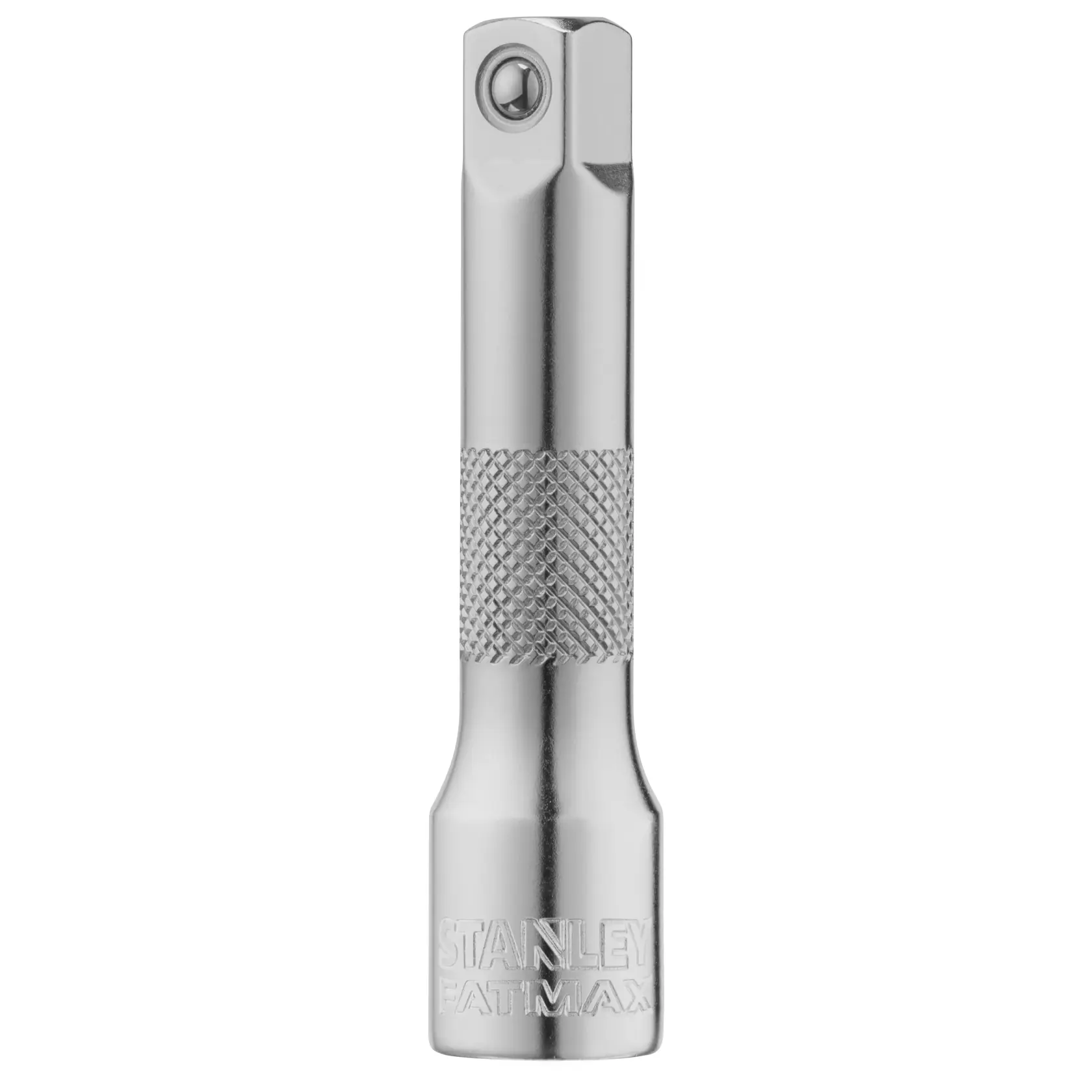 STANLEY FMMT25130-0 chrome socket extension bar, front angle, knurled grip, photography on white background.