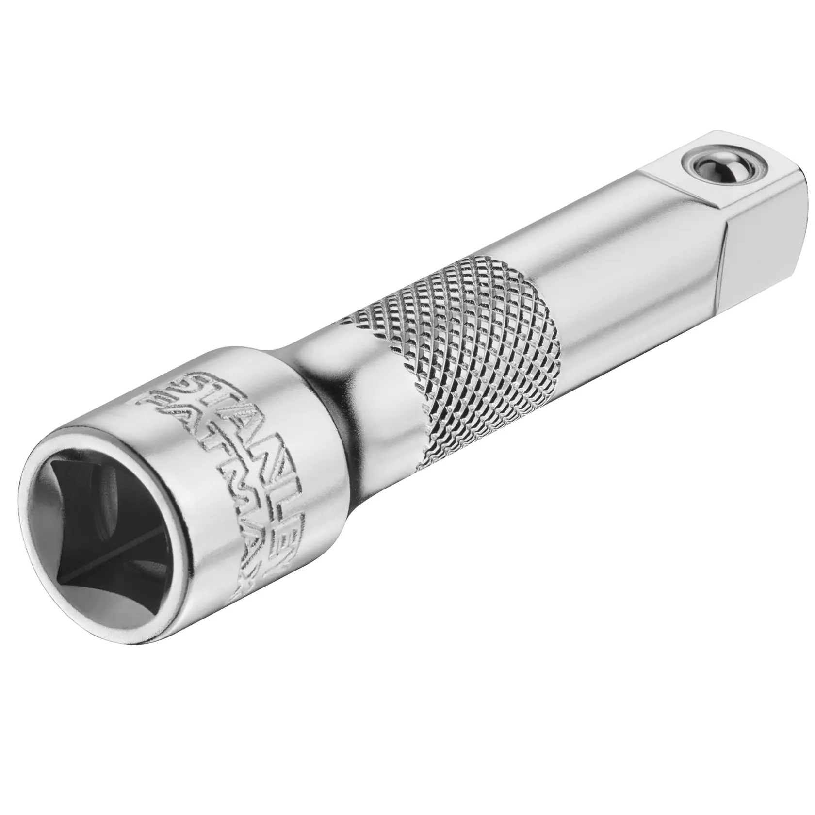 STANLEY FMMT25130-0 chrome socket extension with textured grip, photography, angled on white background.