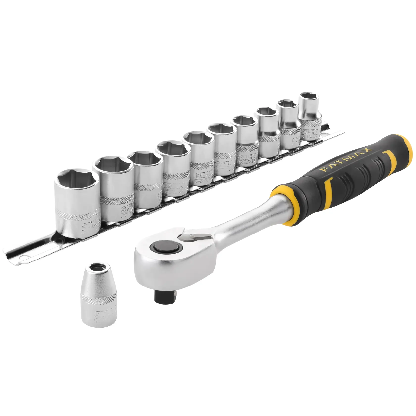 STANLEY FMMT82680-0 ratchet and socket set with black and yellow handle, front angle on white background.