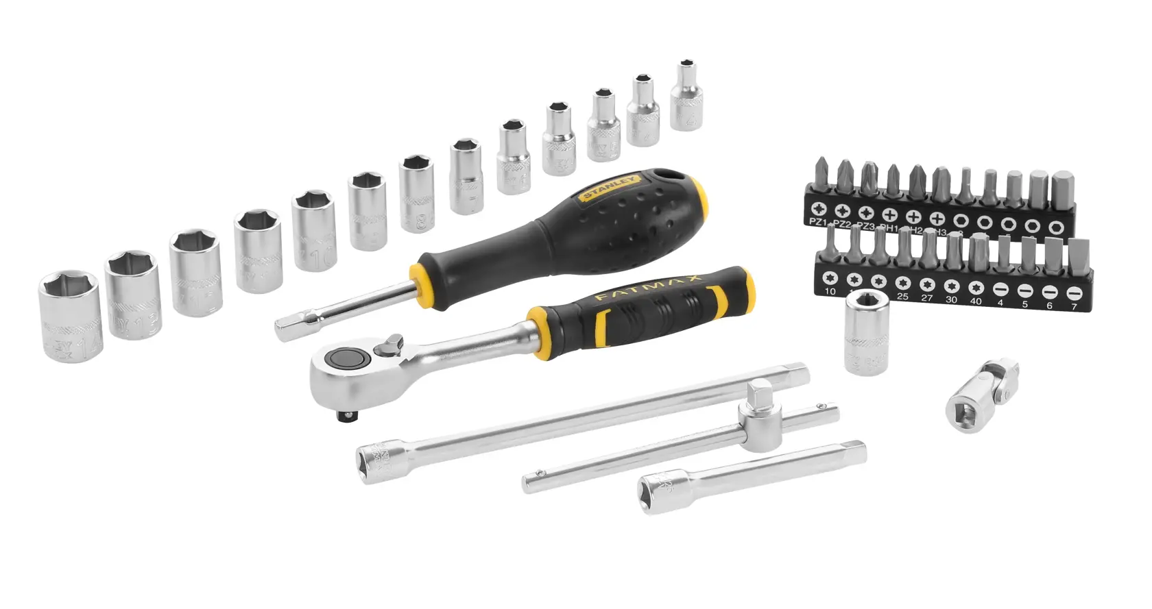 Stanley socket and ratchet tool set with assorted bits, handles, and extensions, arranged on a white background.