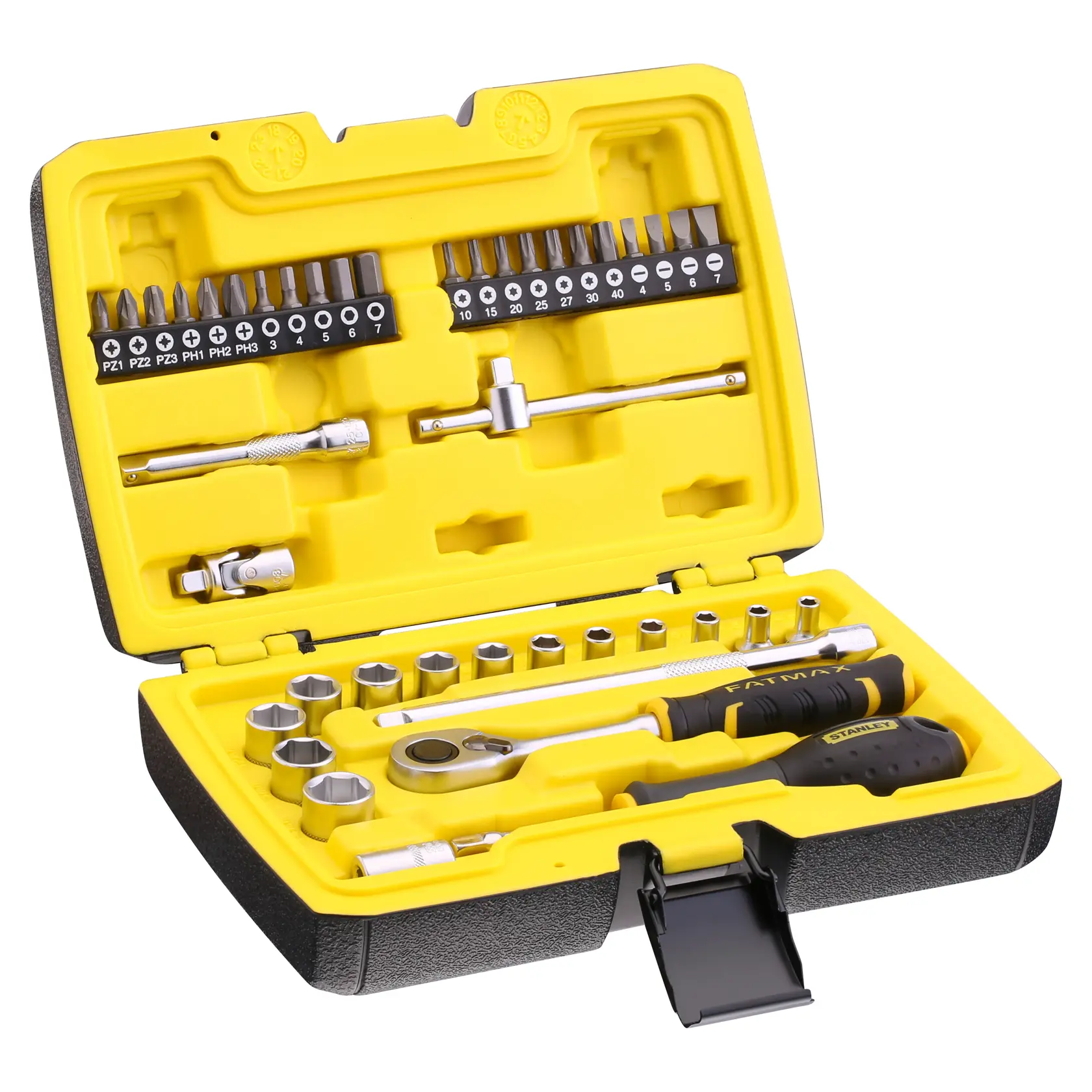 STANLEY FMMT82683-1 socket and bit set in black hard case with yellow interior, open to show various hand tools.