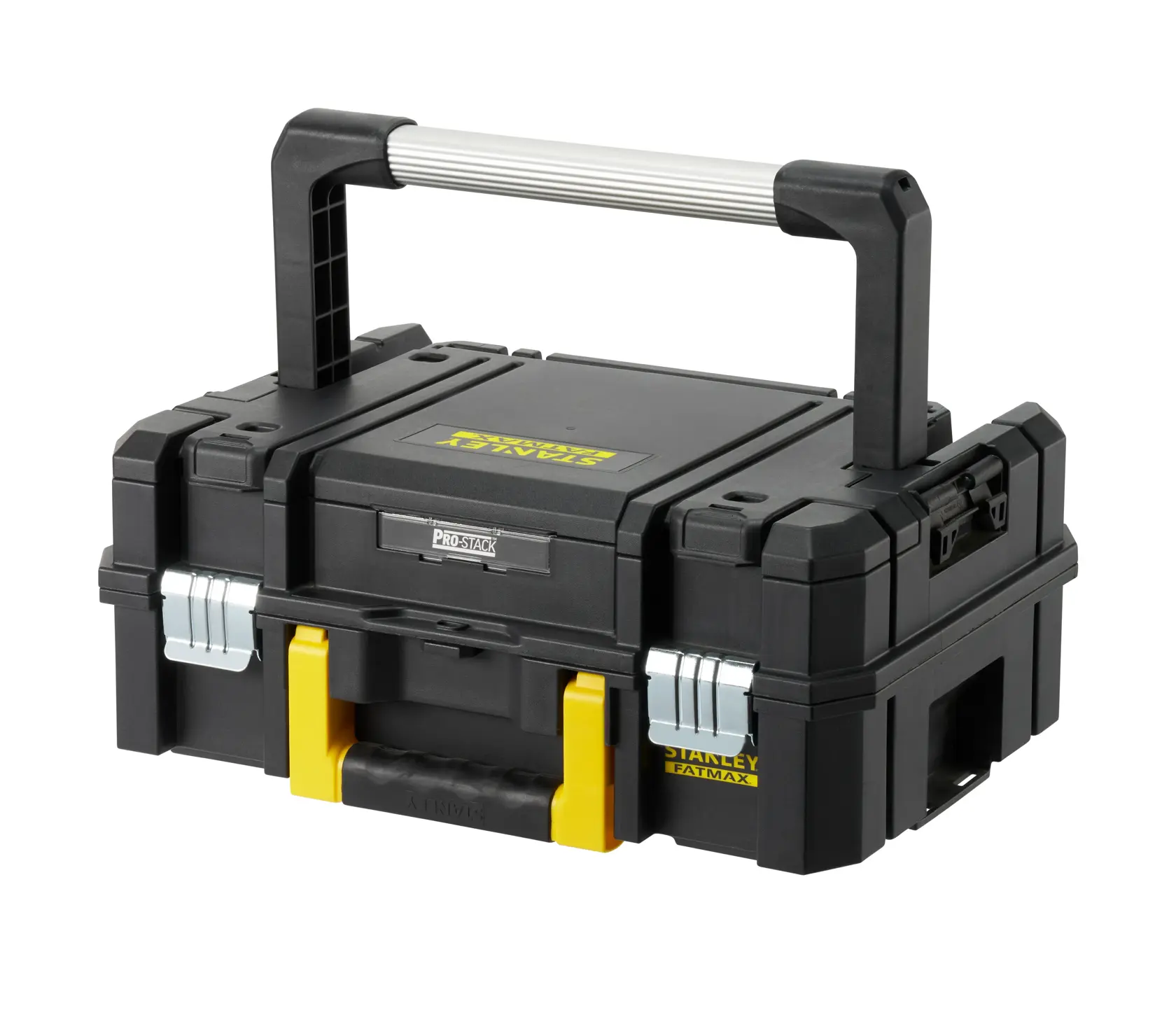 STANLEY FMST1-71967 tool box with large top handle, black with yellow accents, front angle, white background.