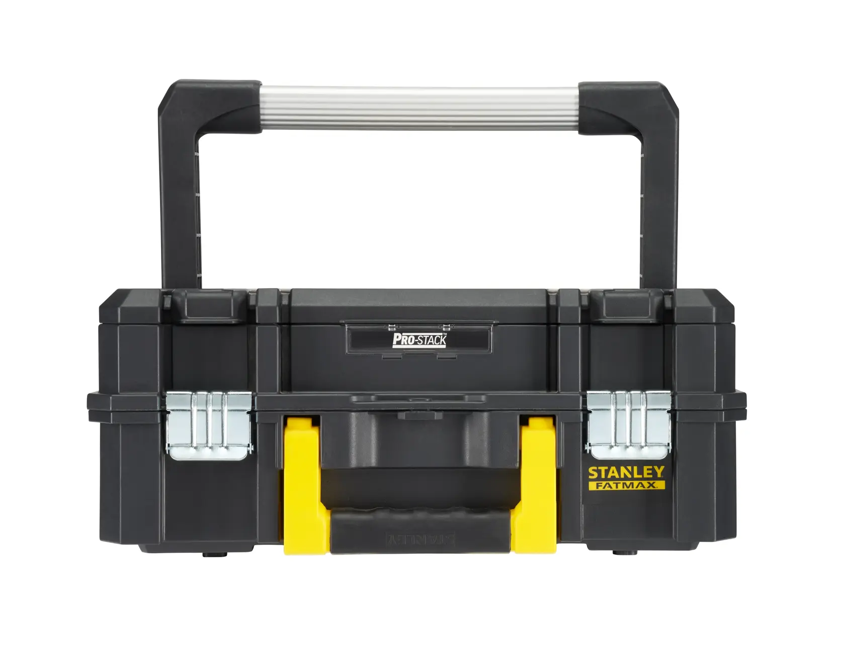 STANLEY FMST1-71967 tool box with large handle, black plastic body, yellow latch, front photography.
