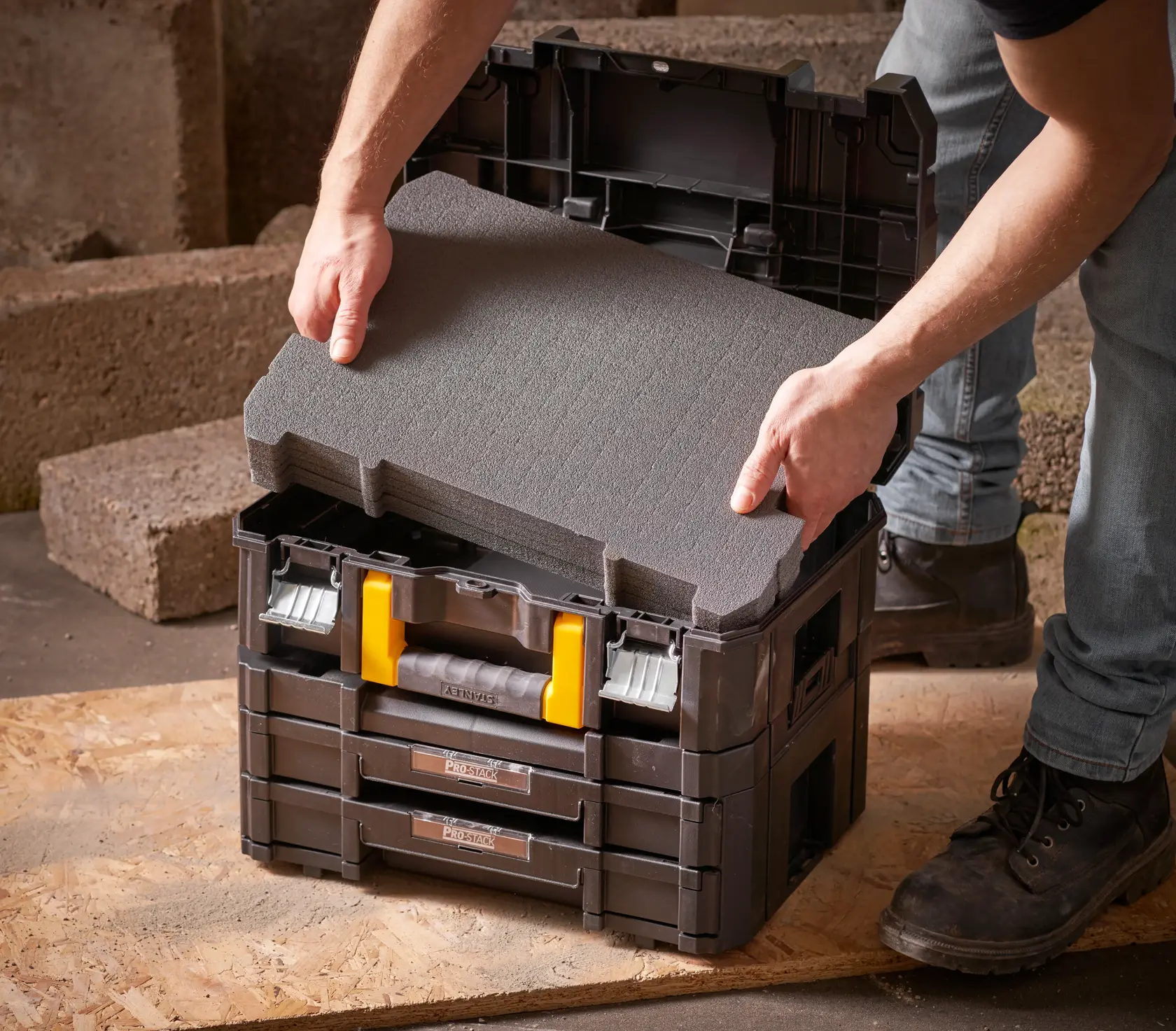 STANLEY FMST1-72365 foam insert for stackable tool storage box in use, front angle.