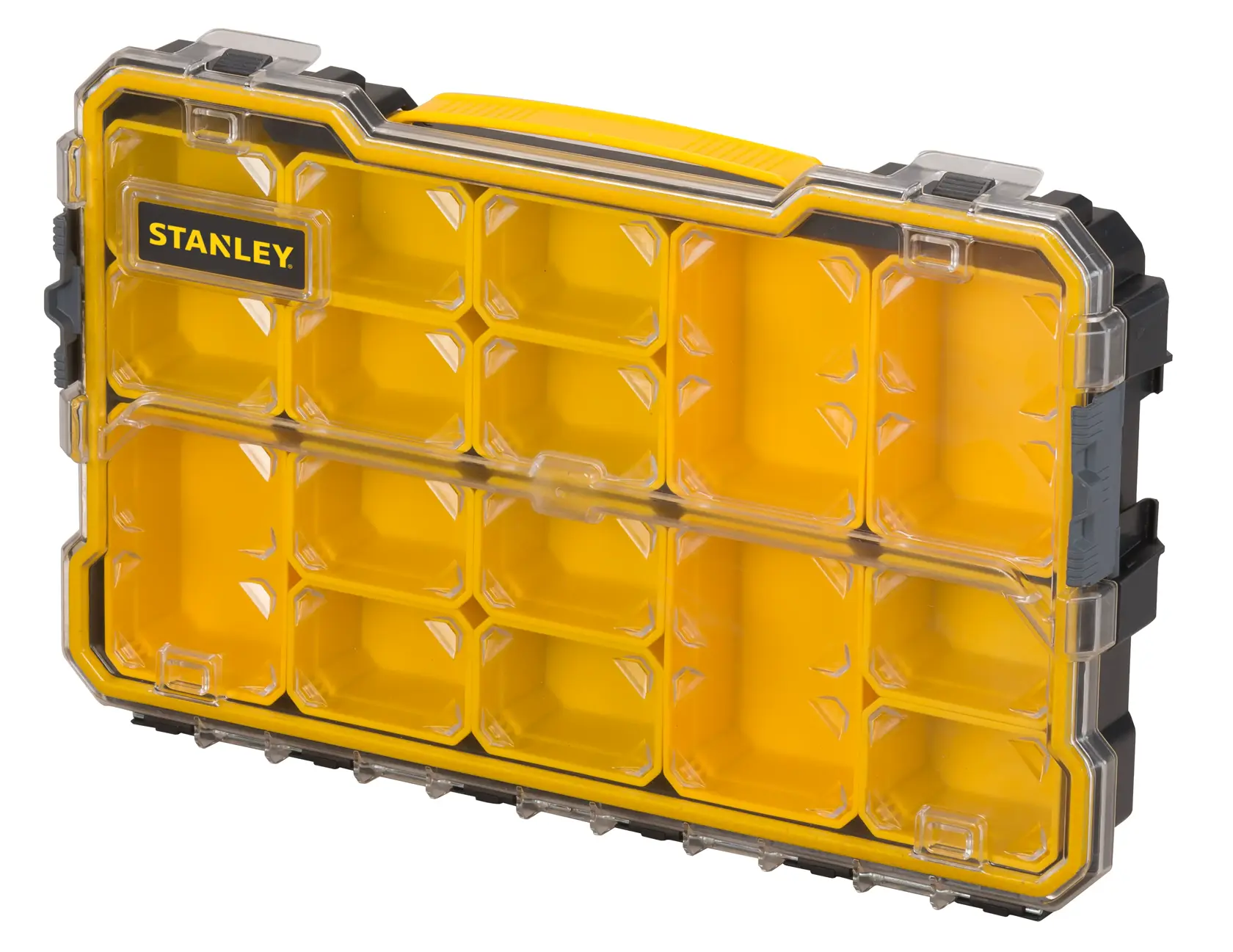 Yellow STANLEY organizer box with clear lid and multiple internal compartments for small items storage.