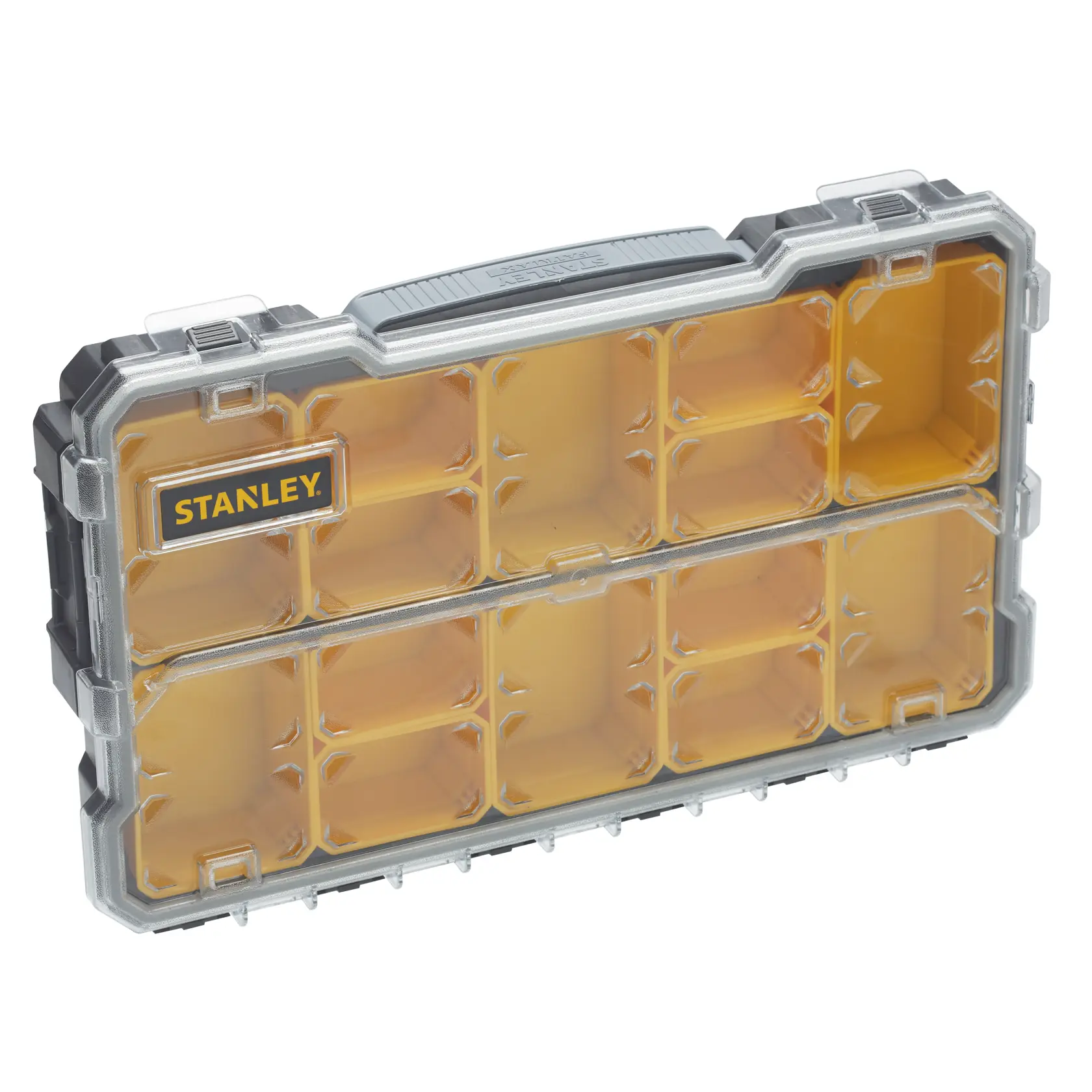 STANLEY FMST1-75779 organizer with yellow compartments in clear plastic case, front angled view.