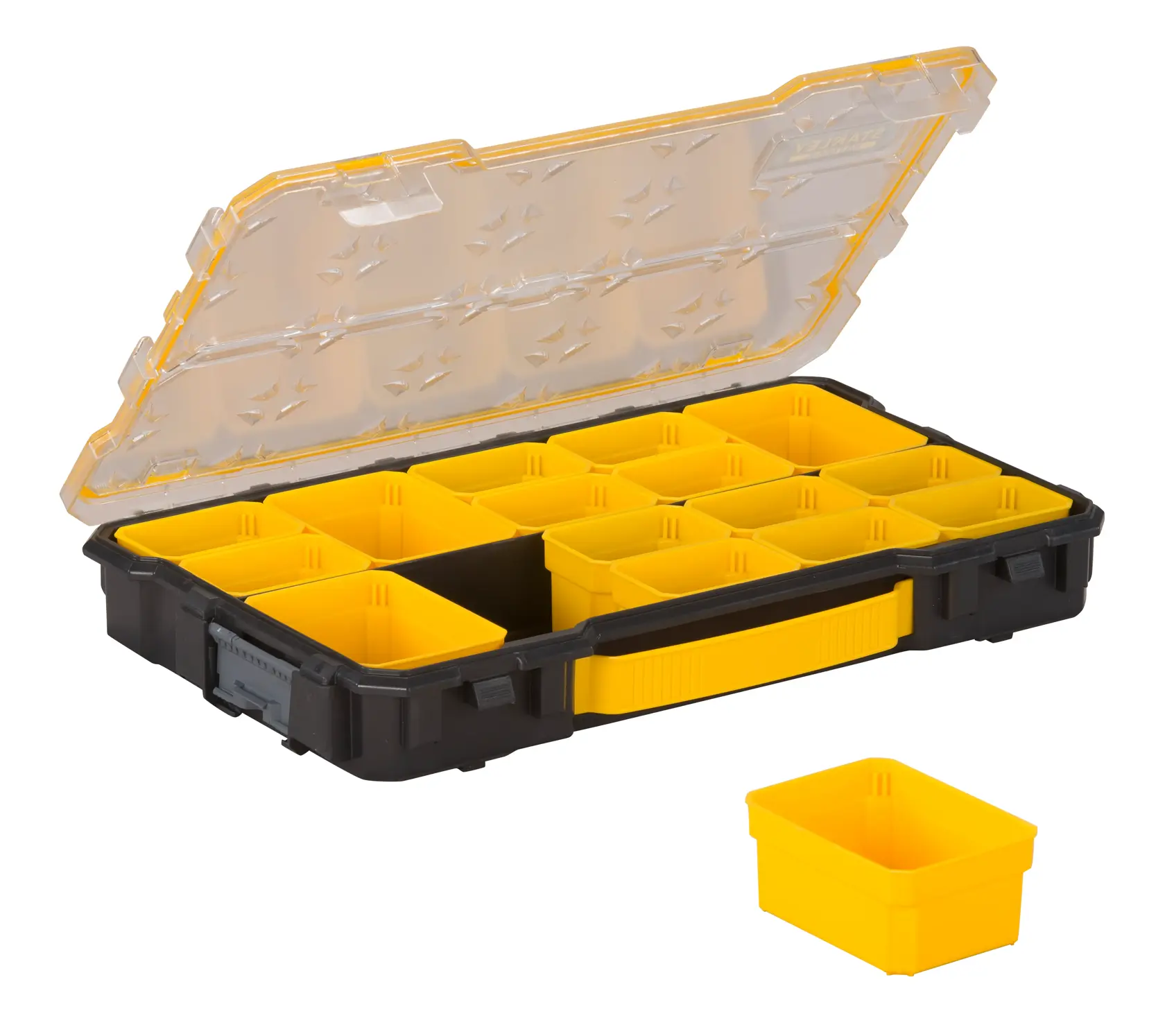STANLEY FMST1-75779 organizer case with clear lid, black base, and removable yellow compartments, front angle.