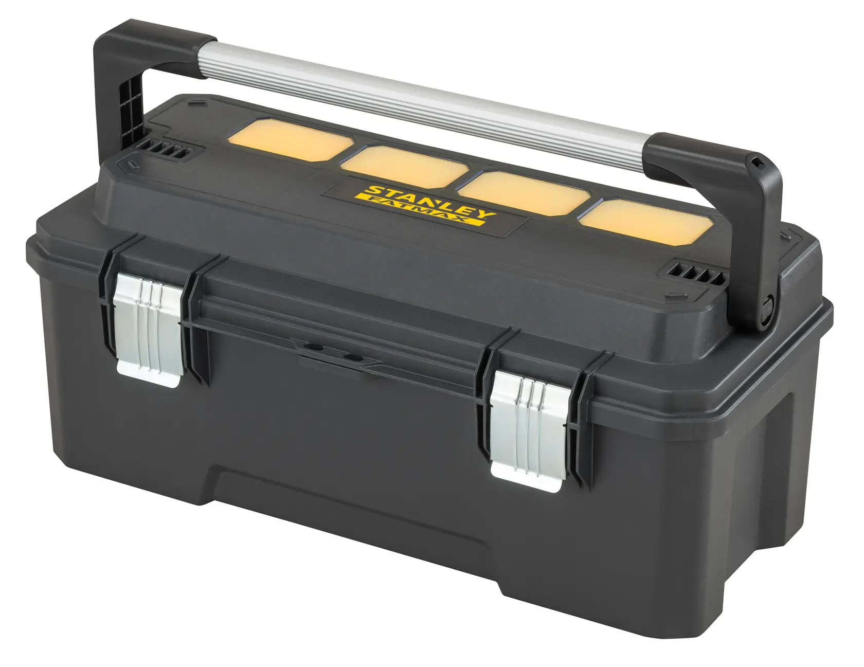 STANLEY FMST1-75791 black toolbox with metal latches, top organizer compartments, and large carrying handle, angled view.