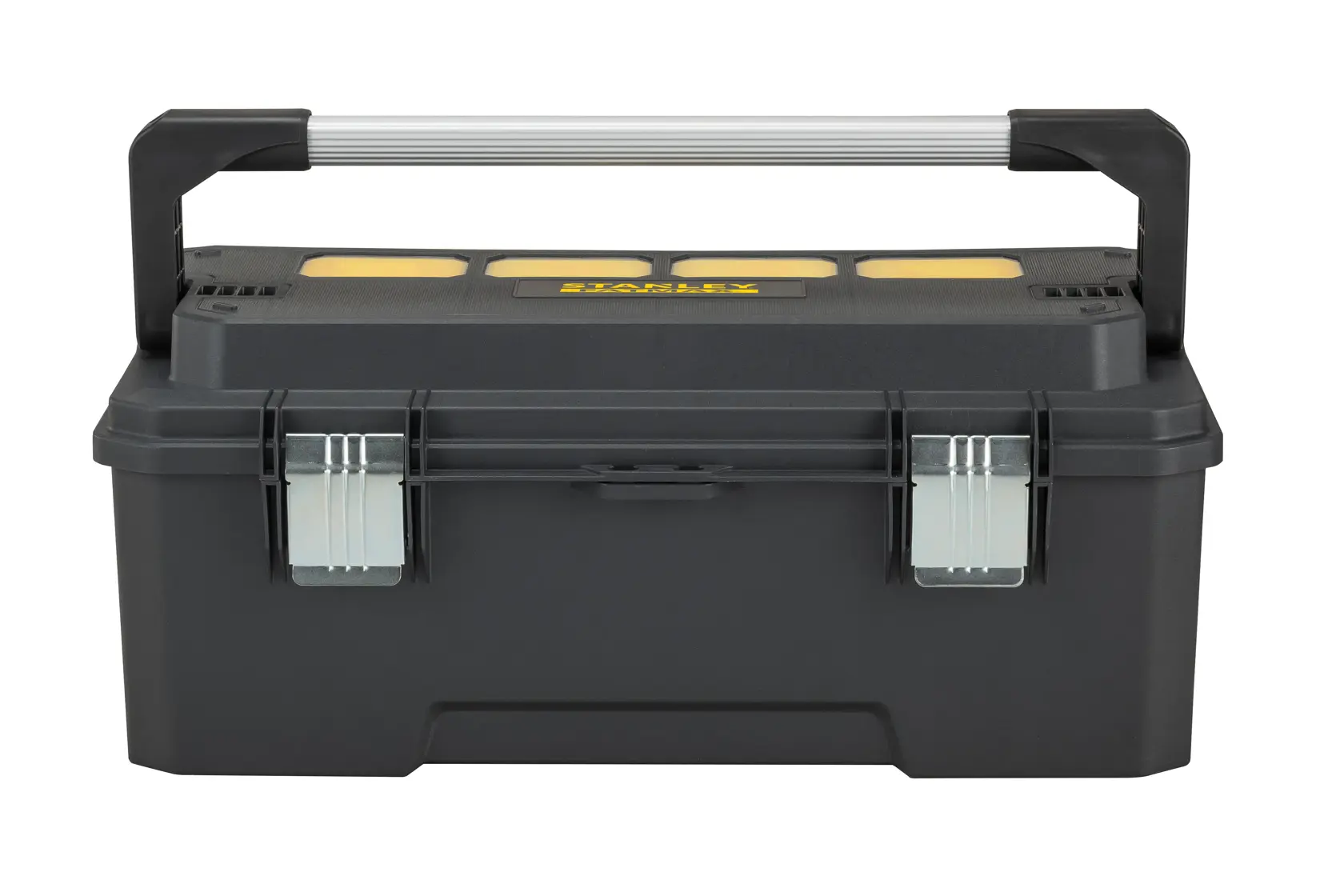 Stanley black toolbox with silver handle and metal latches, shown closed on a white background.