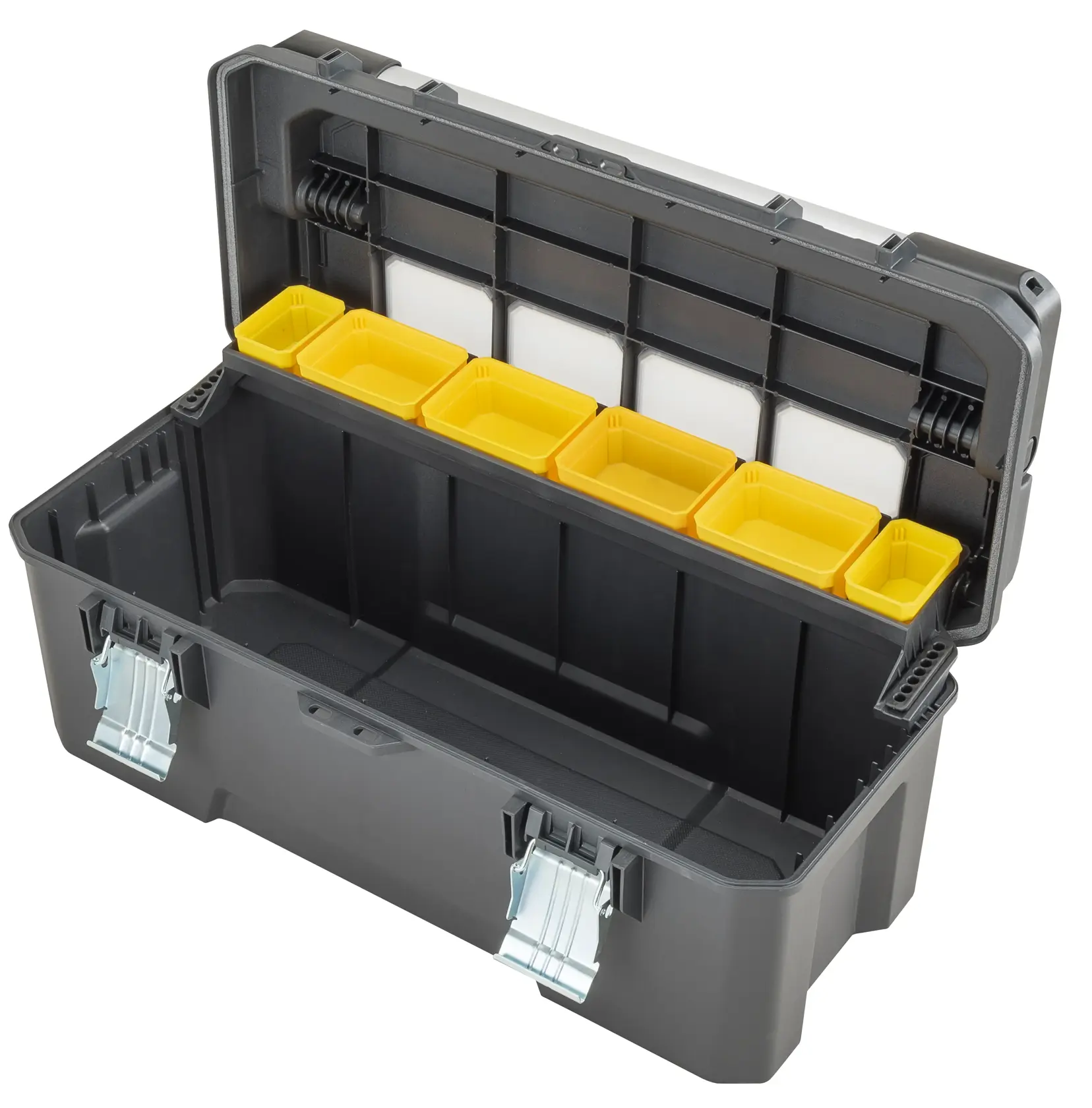 STANLEY FMST1-75791 toolbox with open lid, showing yellow storage compartments, front angle.