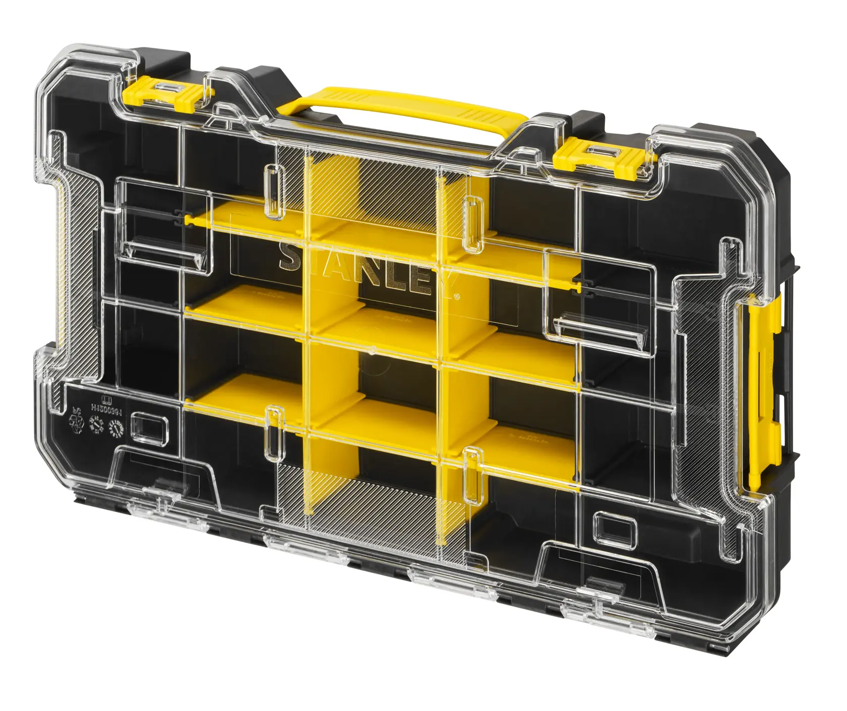 Photo of STANLEY FMST17838-1 organizer with clear lid, black base, yellow dividers, and top handle, front angle.