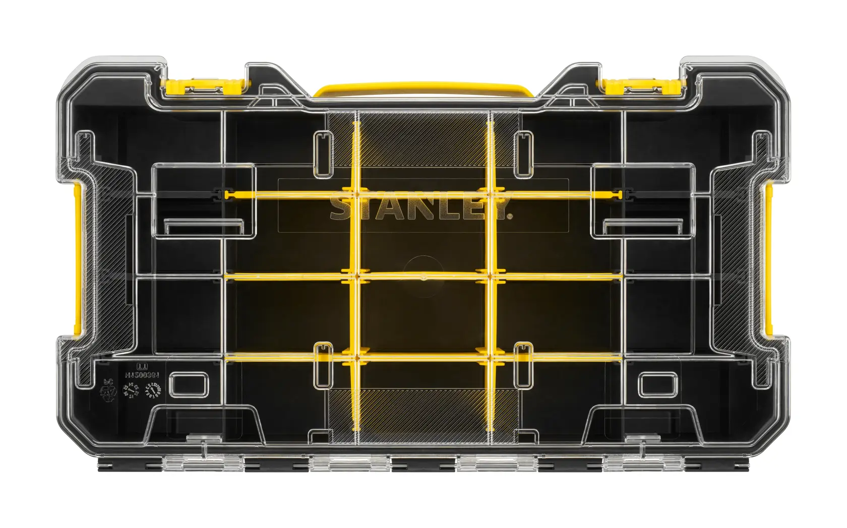 STANLEY FMST17838-1 organiser box with clear lid, multiple yellow compartments, front view, tool storage.