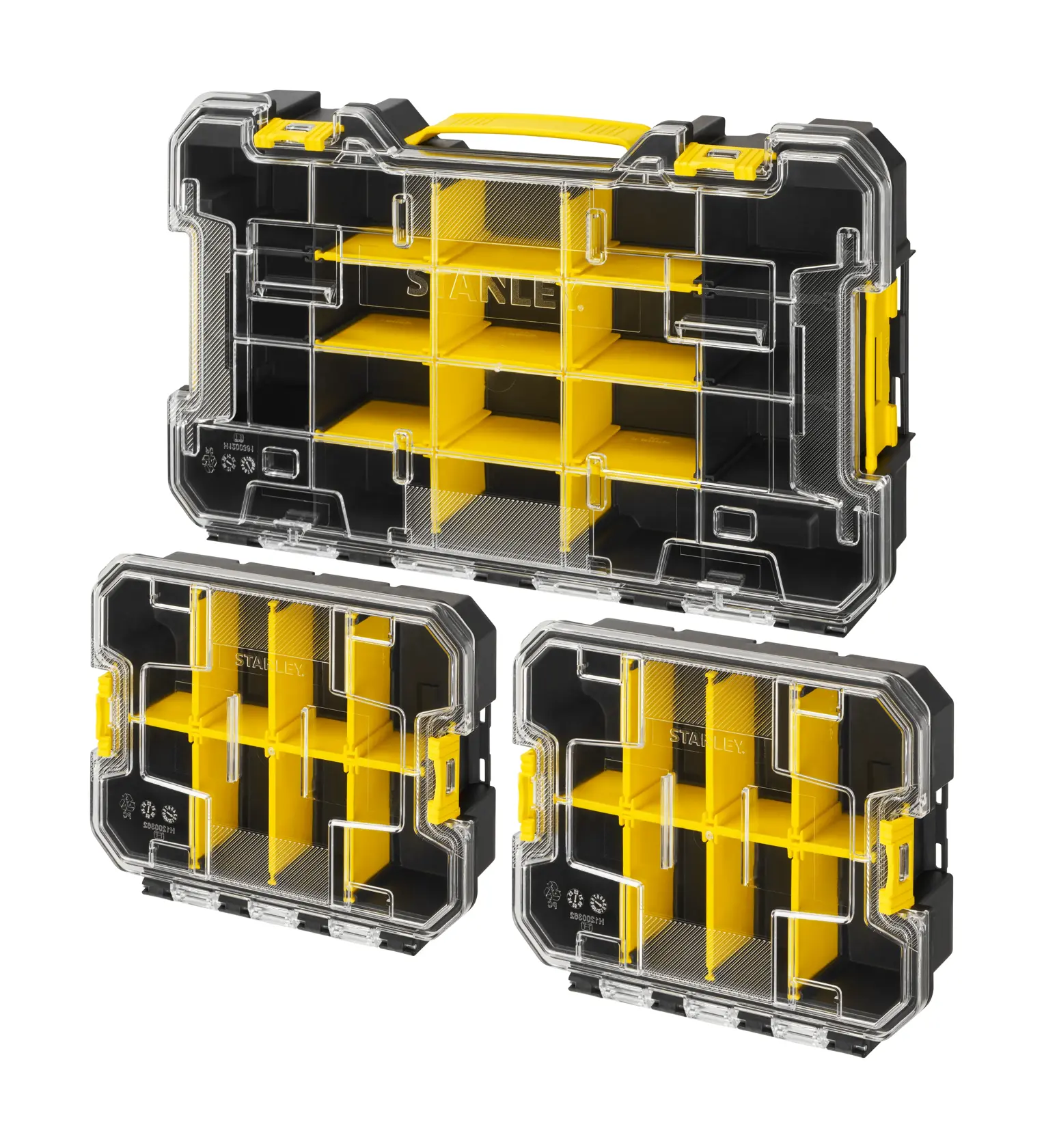 STANLEY FMST61150-1 set of three transparent-lid organizer boxes with yellow dividers, studio angle.