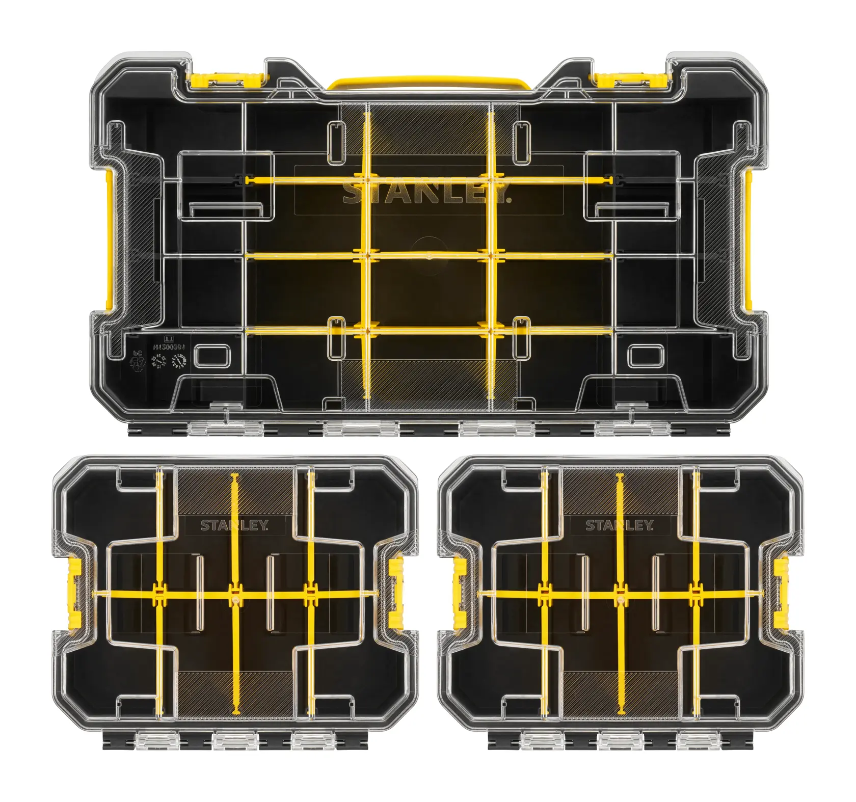 STANLEY FMST61150-1 set of three black and yellow stackable organizer boxes, viewed from above, with clear lids.