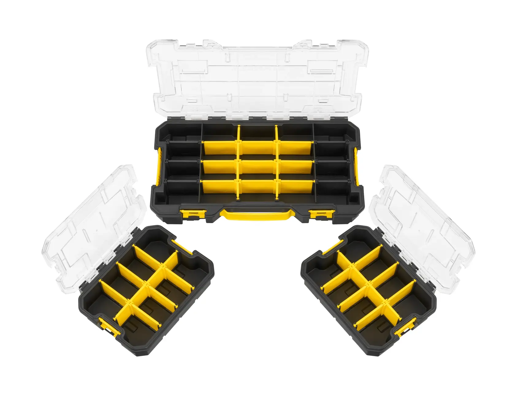 STANLEY FMST61150-1 organizer set with three black and yellow containers, open lids, top angle photo.