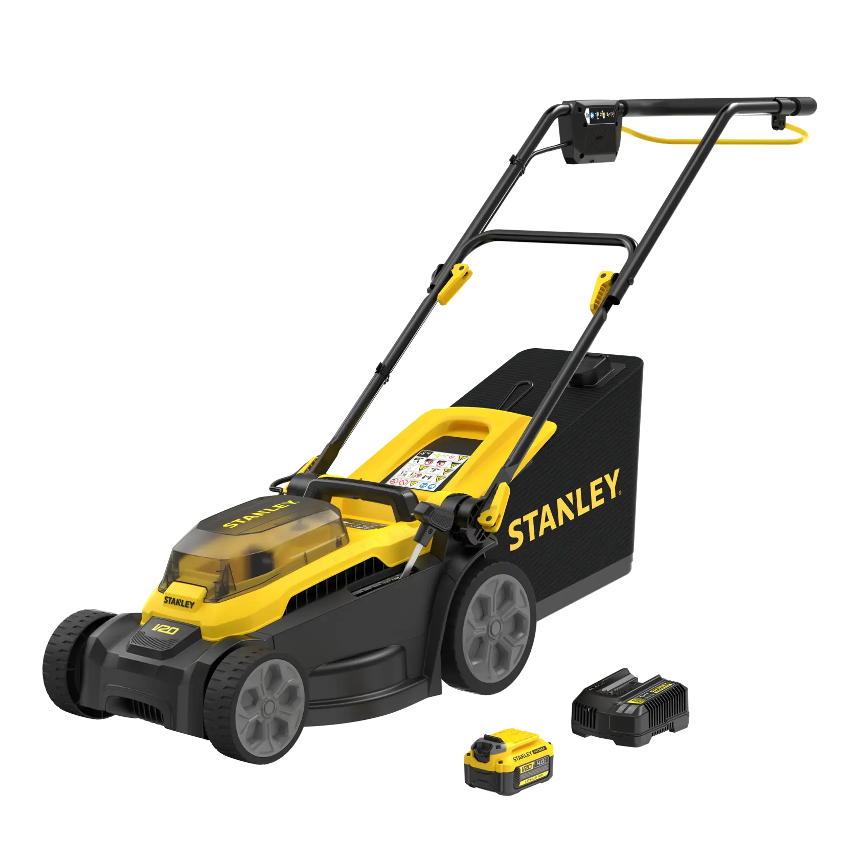 Photo of STANLEY SCMWP3401M1-XE lawn mower with battery and charger, yellow and black, side angle, white background.