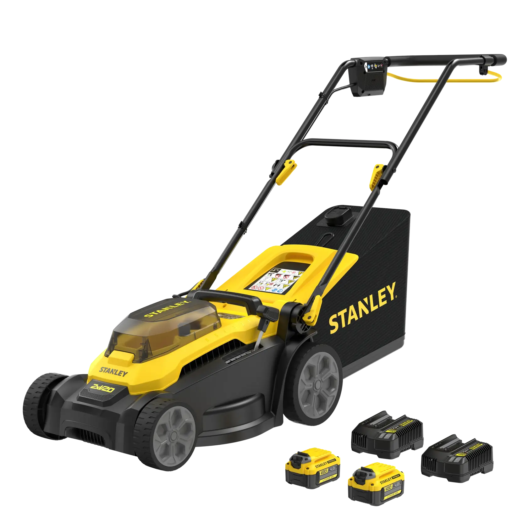 STANLEY SCMWP3701M2 cordless lawn mower with black and yellow design, shown with two batteries and two chargers, angled view.