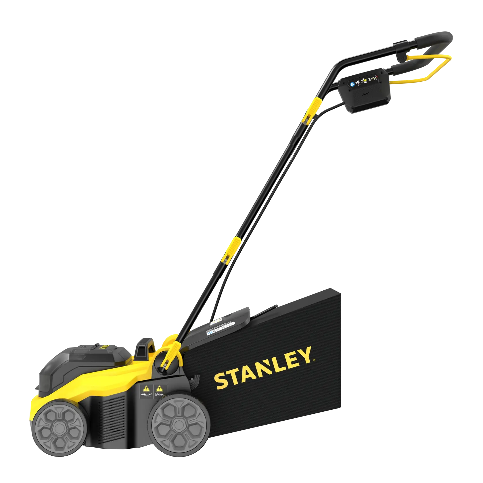 STANLEY SCOEP3801M2 electric lawn mower side view, yellow and black, with grass collection box.