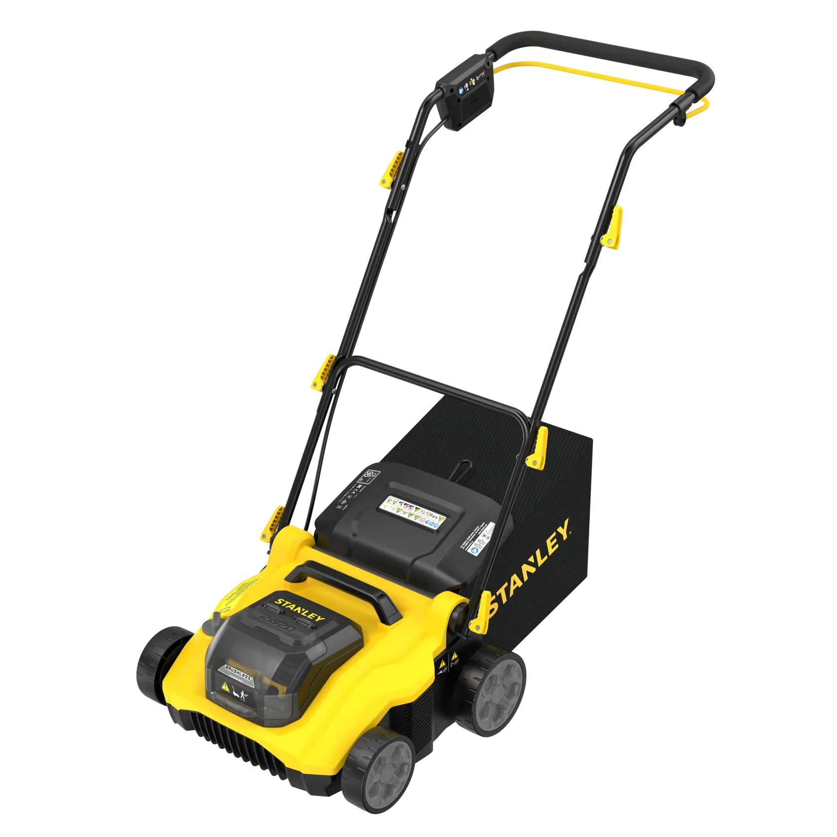 STANLEY SCOEP3801M2 cordless lawn mower, black and yellow, side angle on white background.