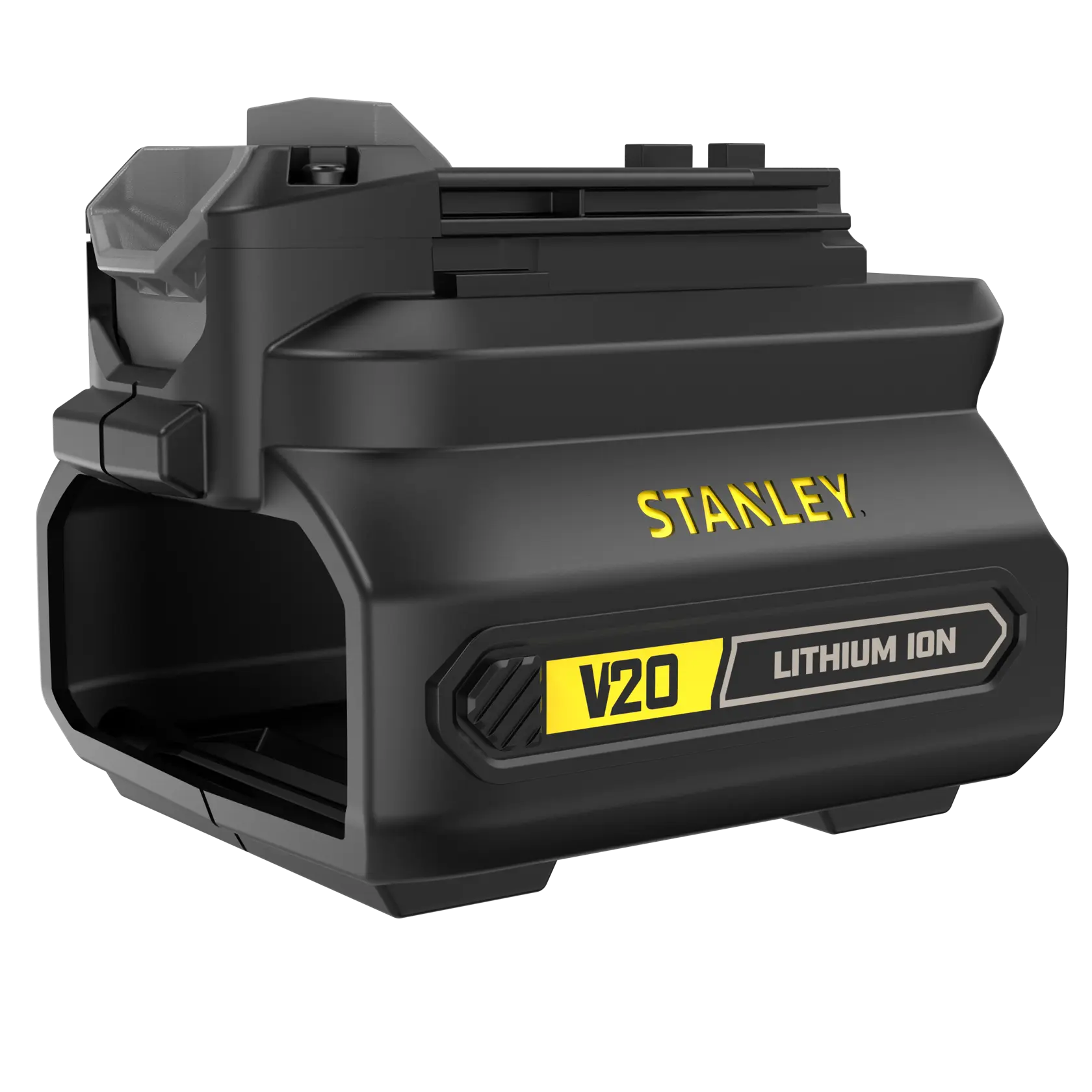 Photo of STANLEY SFMCB100 V20 Lithium Ion battery, black and yellow, angled view on white background.