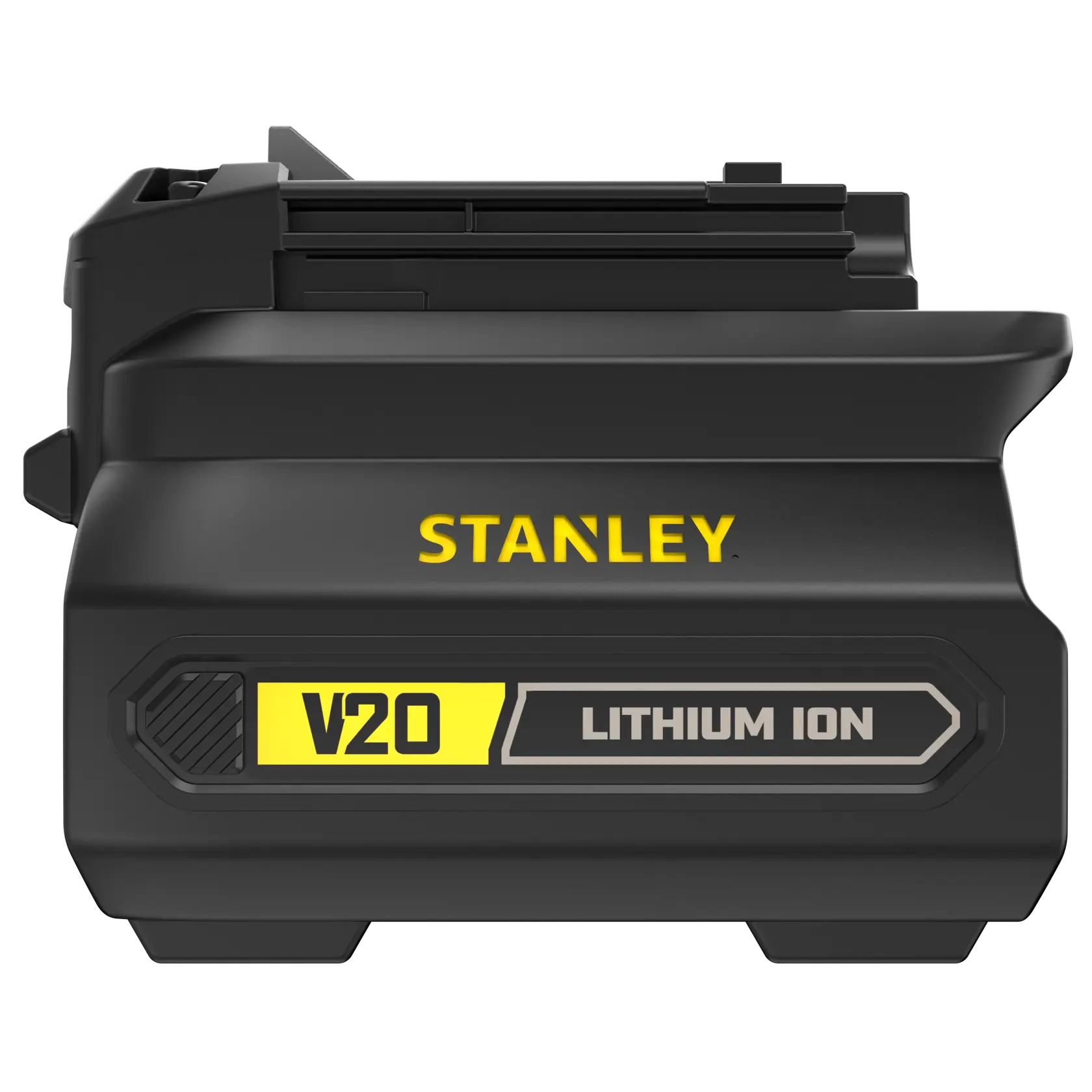 STANLEY SFMCB100 V20 Lithium Ion battery, black and yellow, three-quarter angle on white background.